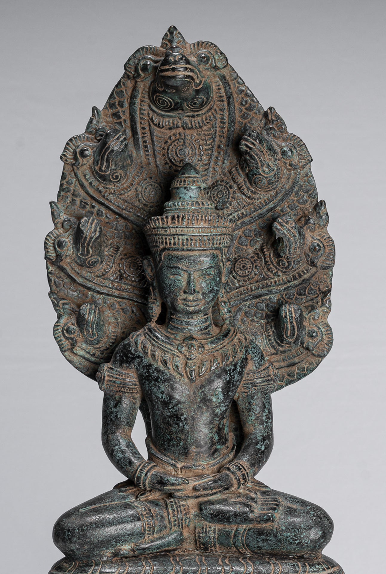 Buddha Statue - Antique Khmer Style Bronze Seated Meditation Naga Buddha Statue - 46cm/18"