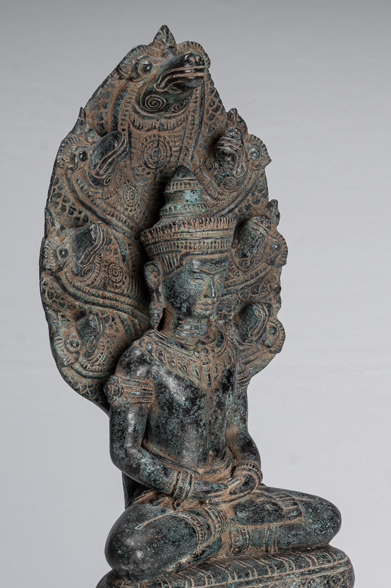 Buddha Statue - Antique Khmer Style Bronze Seated Meditation Naga Buddha Statue - 46cm/18"