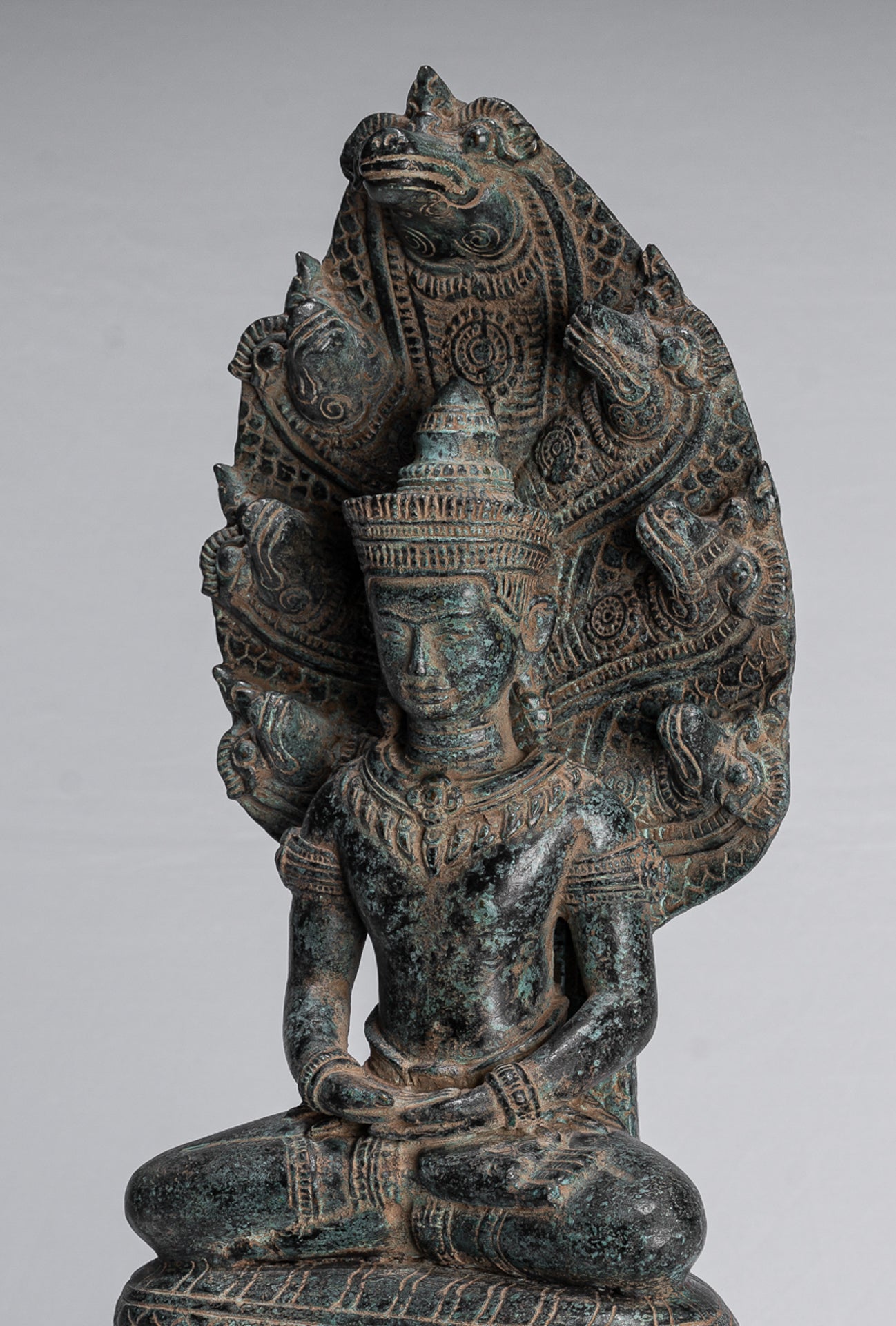 Buddha Statue - Antique Khmer Style Bronze Seated Meditation Naga Buddha Statue - 46cm/18"