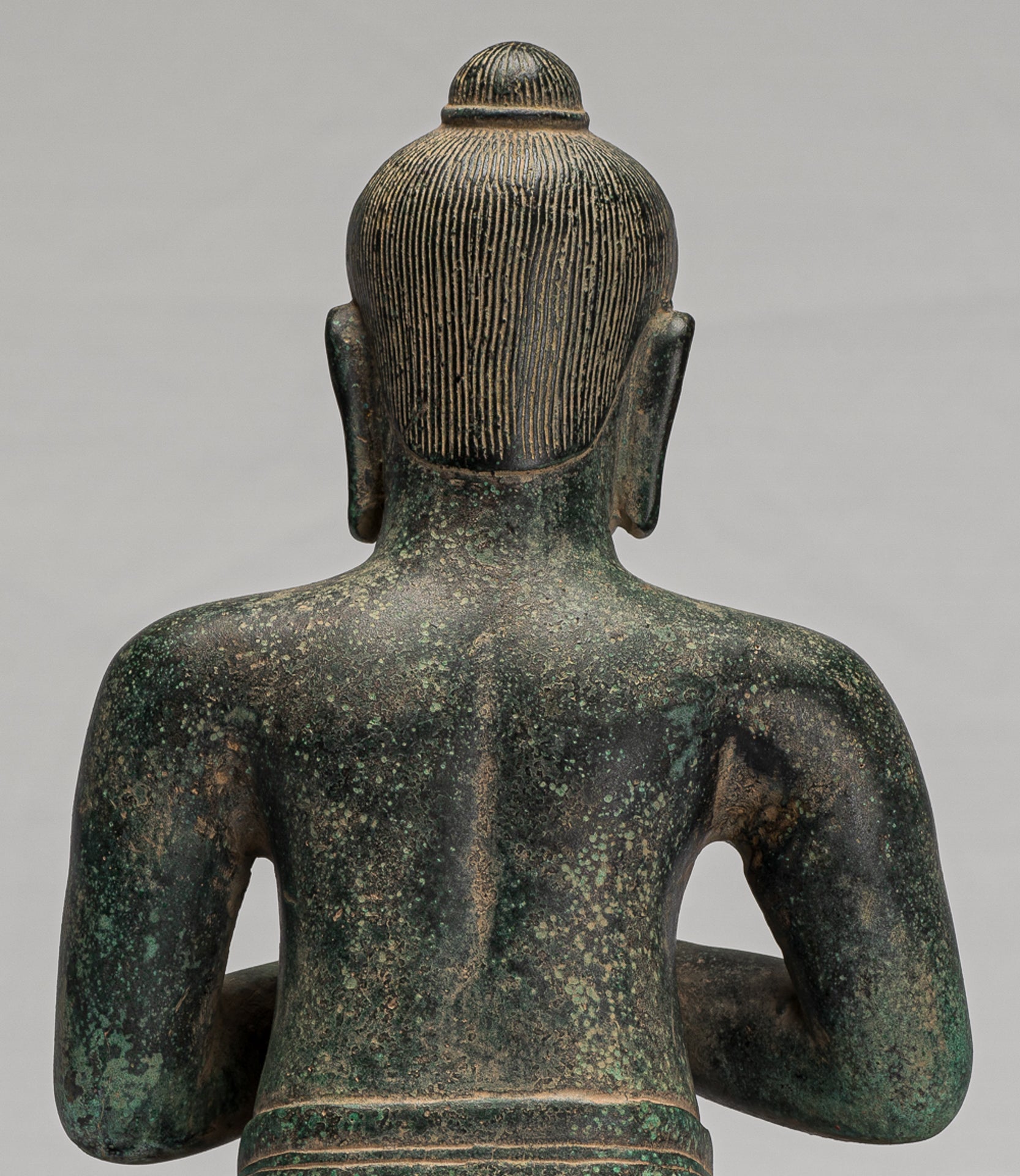 Jayavarman Statue - Antique Khmer Style Seated Bronze Jayavarman VII Statue - 31cm/12"