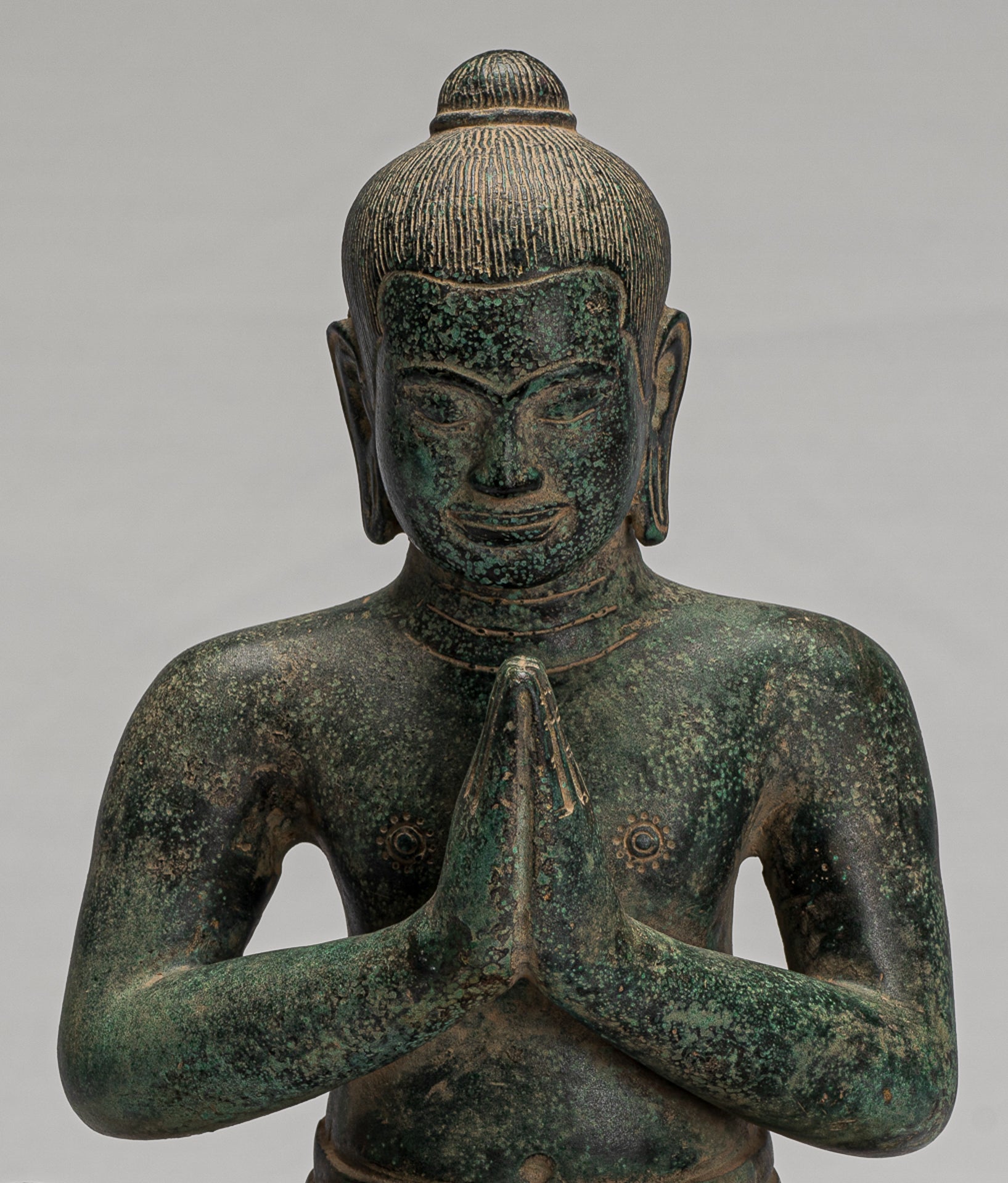 Jayavarman Statue - Antique Khmer Style Seated Bronze Jayavarman VII Statue - 31cm/12"