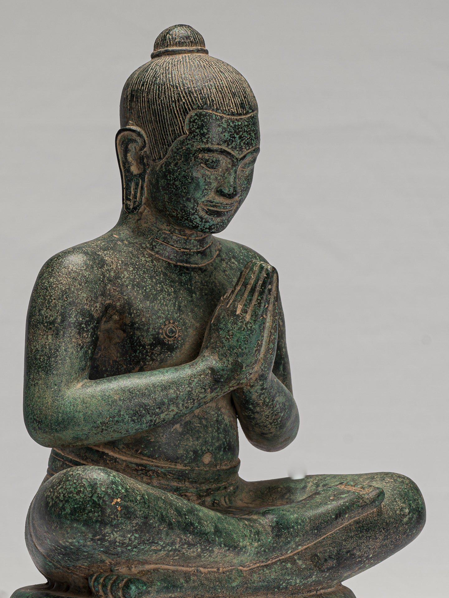Jayavarman Statue - Antique Khmer Style Seated Bronze Jayavarman VII Statue - 31cm/12"