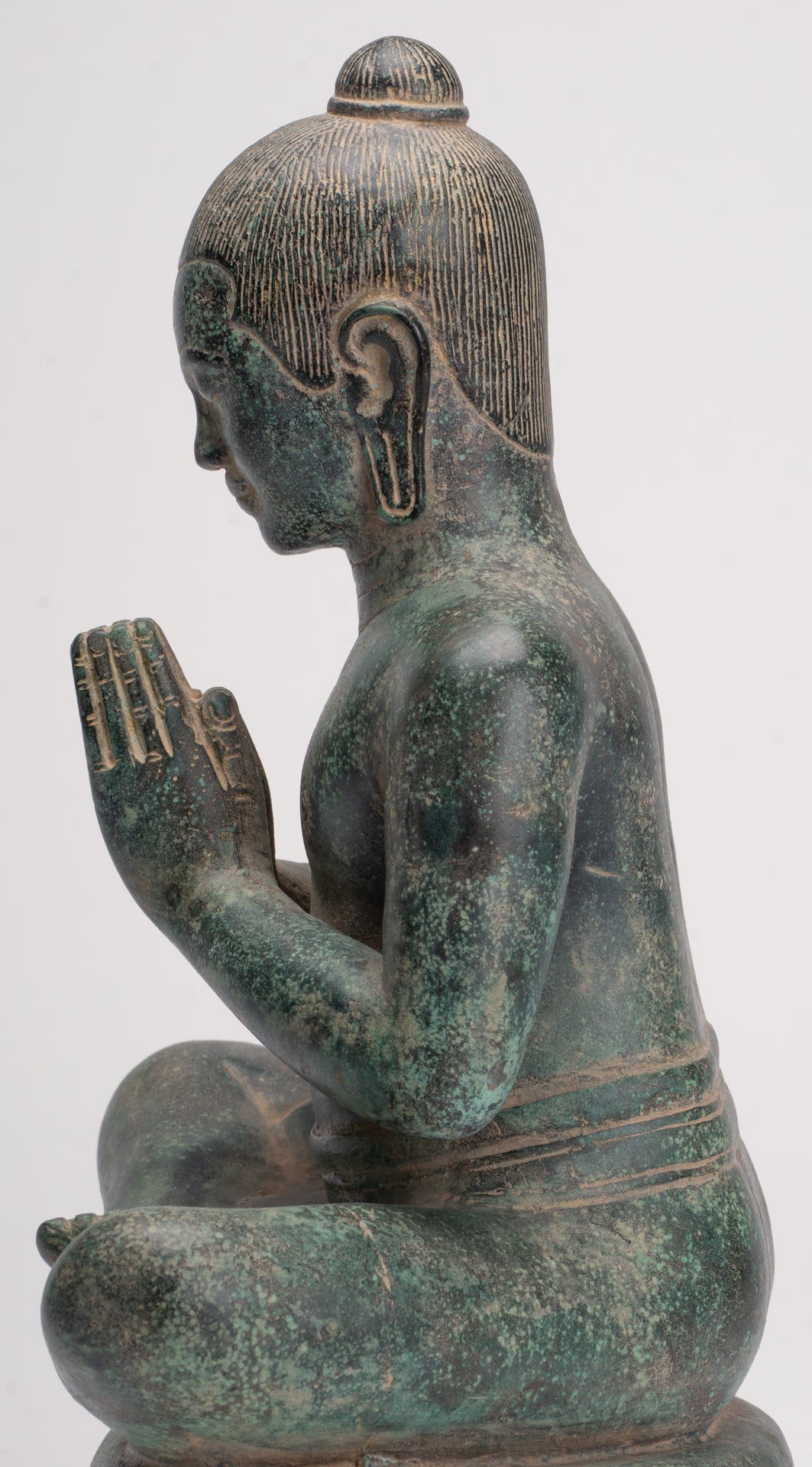 Statua di Jayavarman - Statua di Jayavarman VII in bronzo seduto in stile Khmer antico - 31 cm/12"