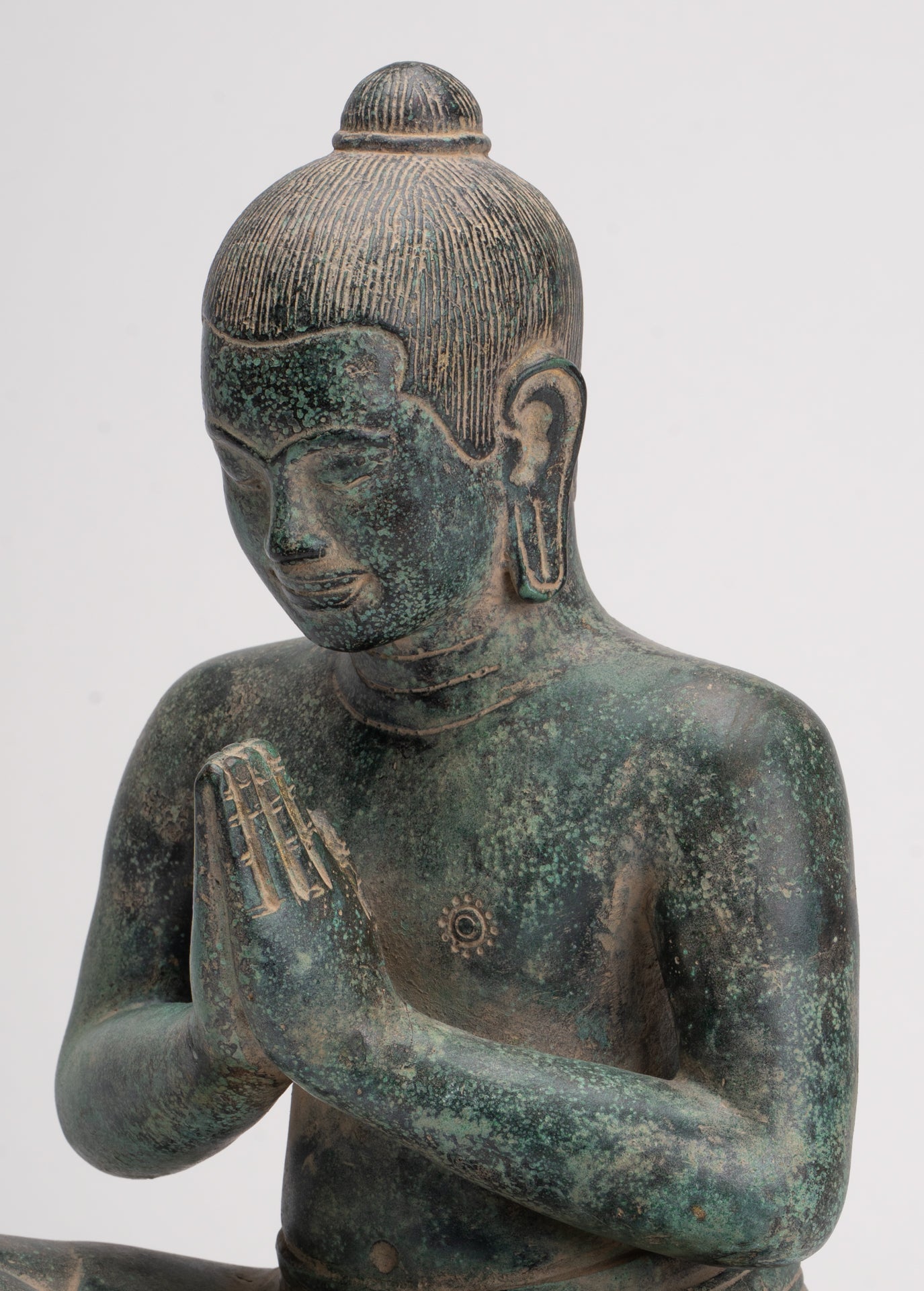 Statua di Jayavarman - Statua di Jayavarman VII in bronzo seduto in stile Khmer antico - 31 cm/12"