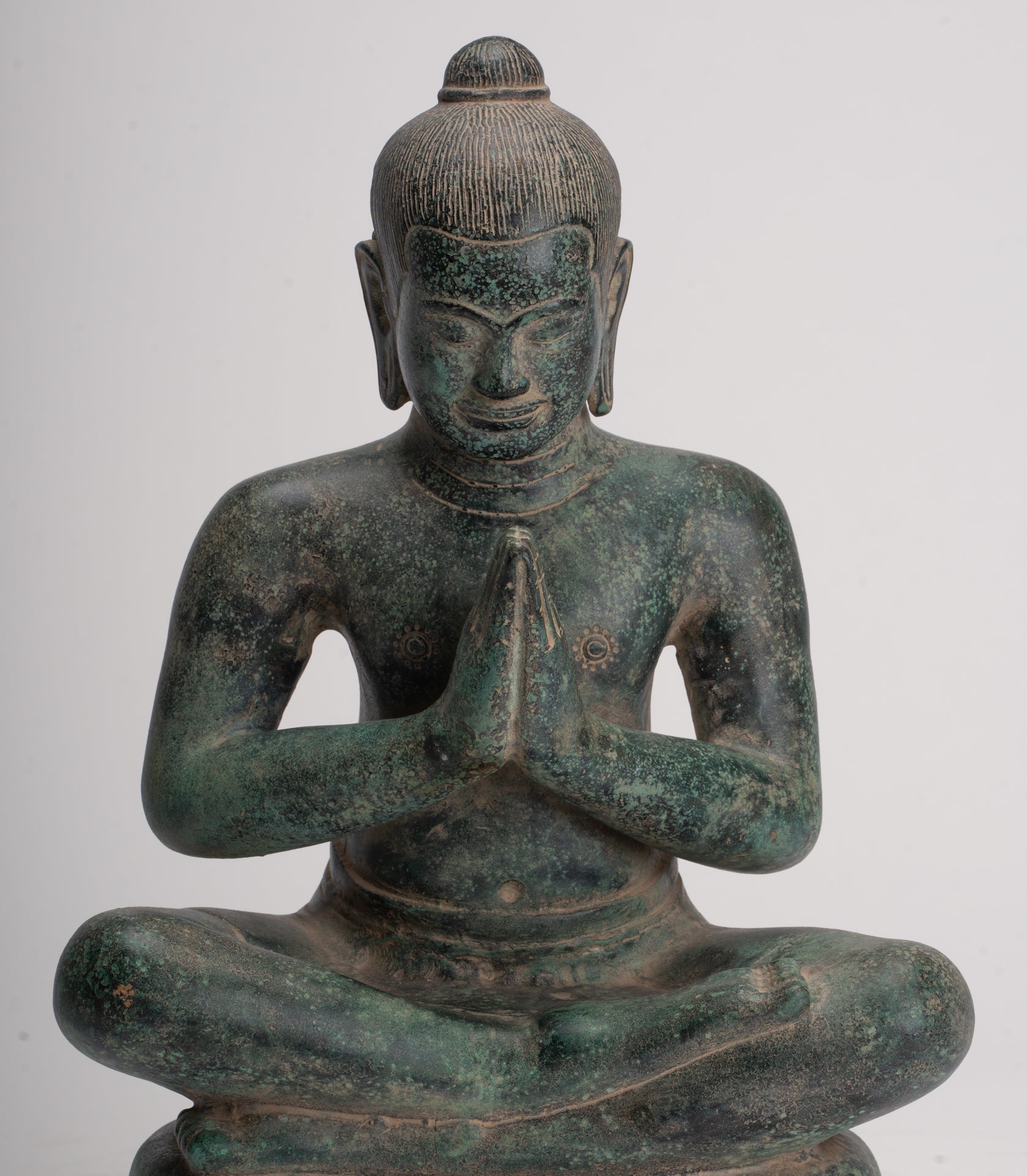 Statua di Jayavarman - Statua di Jayavarman VII in bronzo seduto in stile Khmer antico - 31 cm/12"
