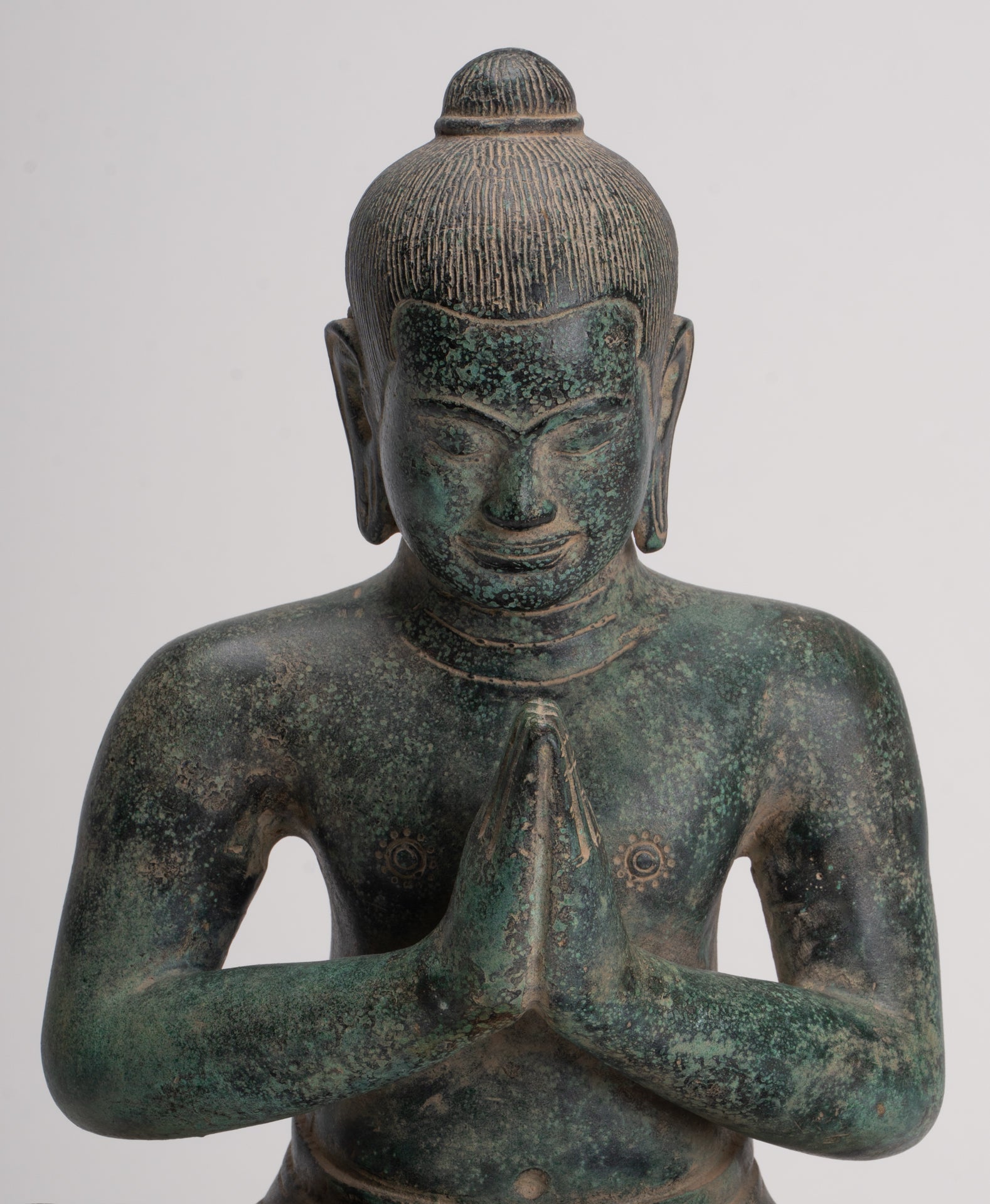 Statua di Jayavarman - Statua di Jayavarman VII in bronzo seduto in stile Khmer antico - 31 cm/12"