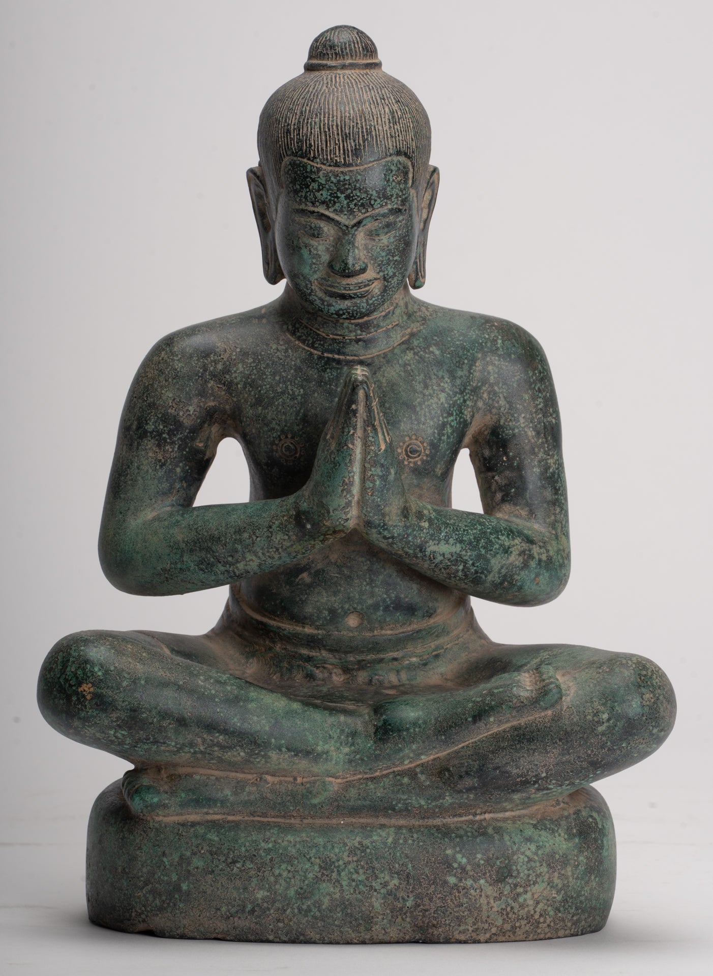 Statua di Jayavarman - Statua di Jayavarman VII in bronzo seduto in stile Khmer antico - 31 cm/12"