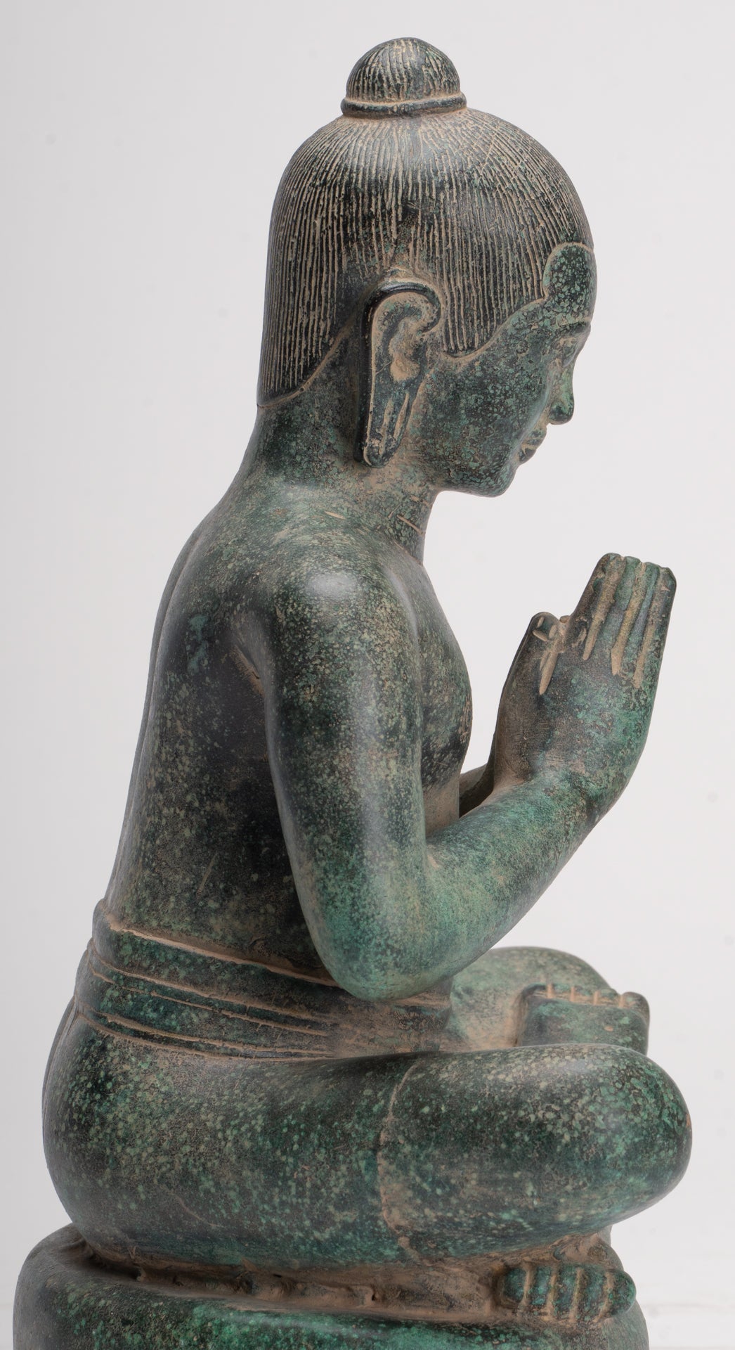 Statua di Jayavarman - Statua di Jayavarman VII in bronzo seduto in stile Khmer antico - 31 cm/12"