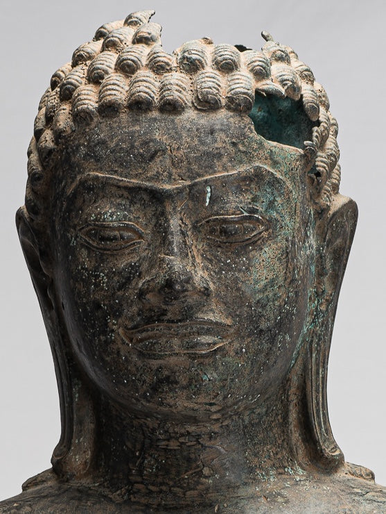 Buddha Statue - Antique Khmer Style Mounted Bronze Phnom Da Buddha Head Statue - 54cm/22")