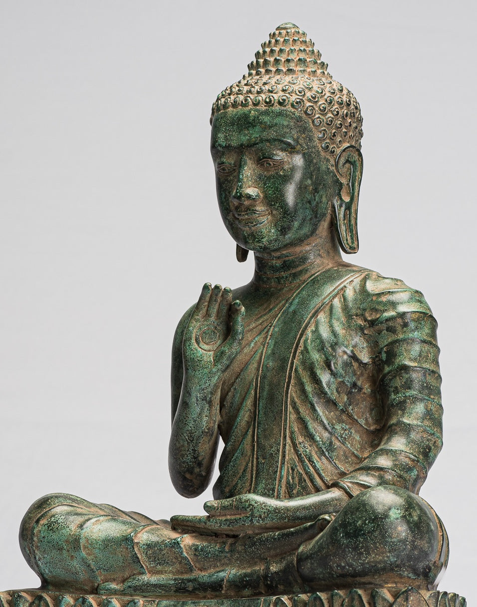 Buddha Statue - Antique Khmer Style Bronze Buddha Statue Dharmachakra Teaching Mudra - 51cm/20"