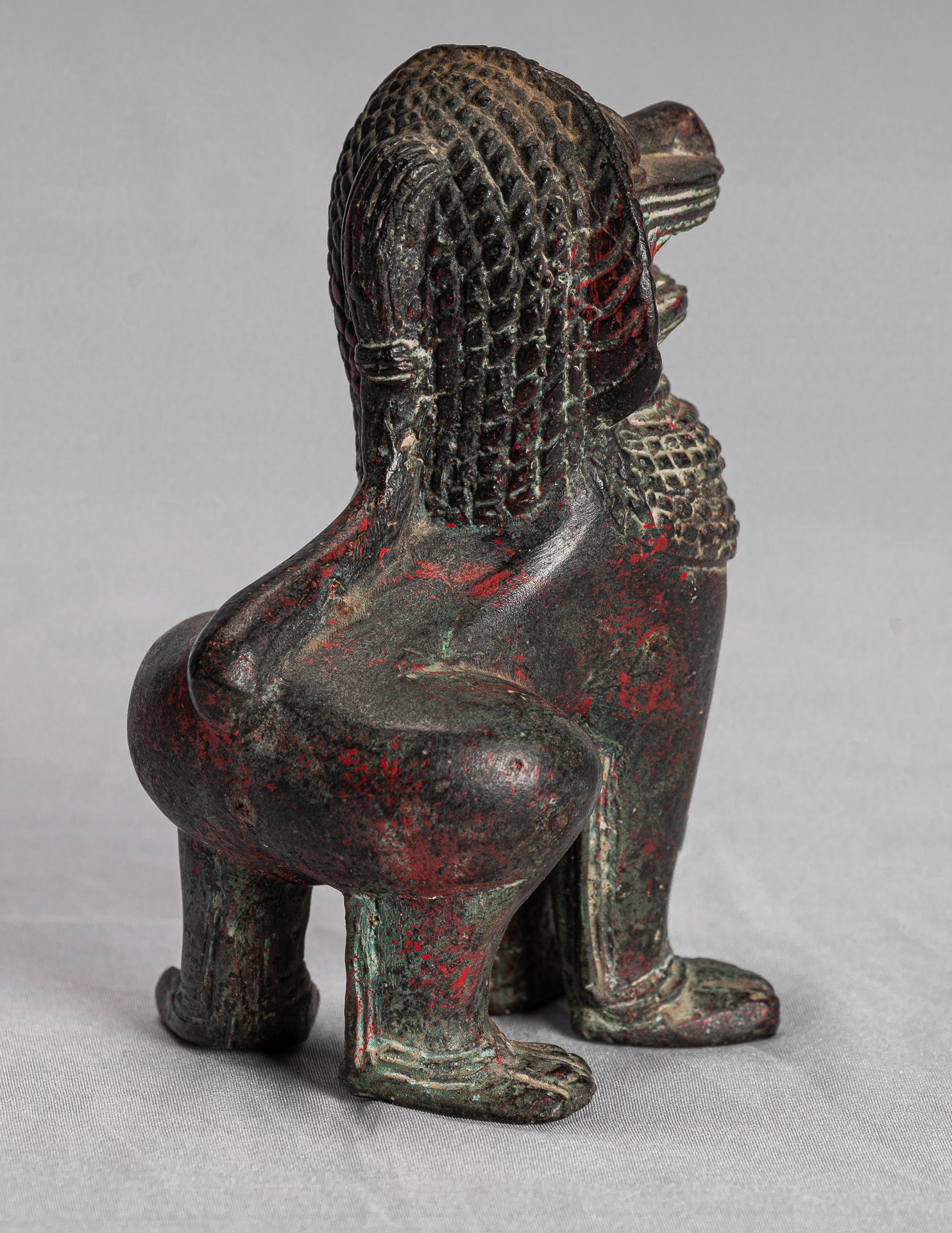 Temple Lion - Antique Khmer Style Bronze Standing Temple Guardian or Lion - 12cm/5"