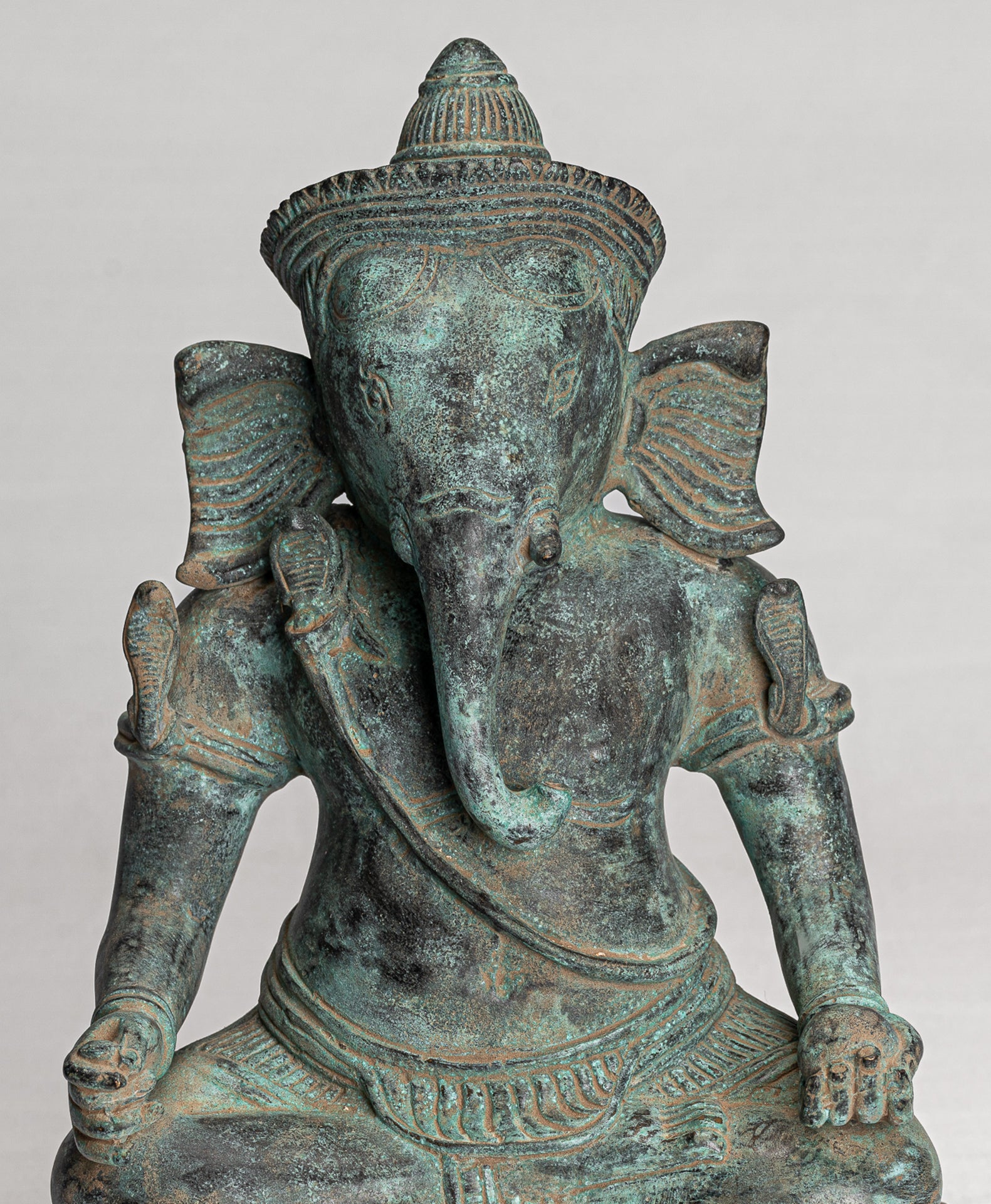 Ganesha Statue - Antique Khmer Style Seated Bronze Bayon Ganesh Statue - 24cm/10"