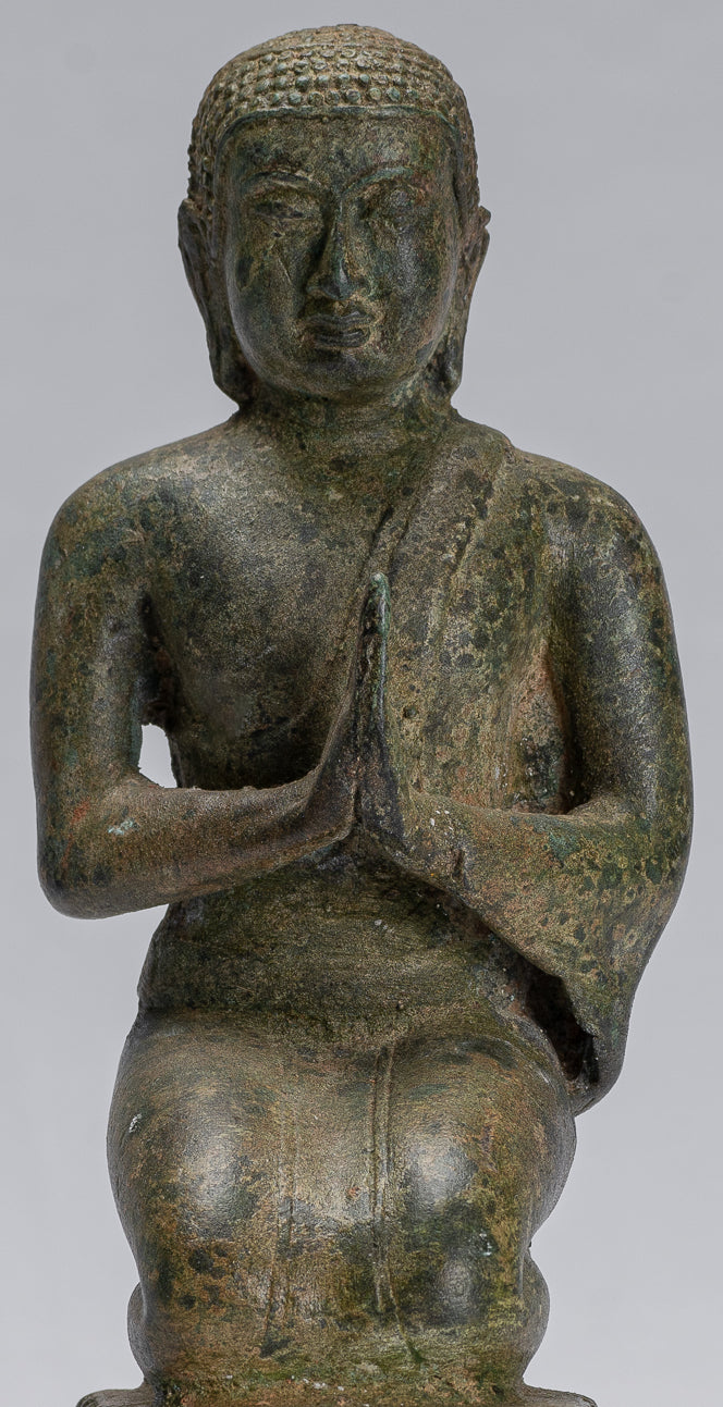 Statua di Buddha - antico stile tailandese bronzo dvaravati devoto o discepolo della statua di Buddha - 21 cm/8 "