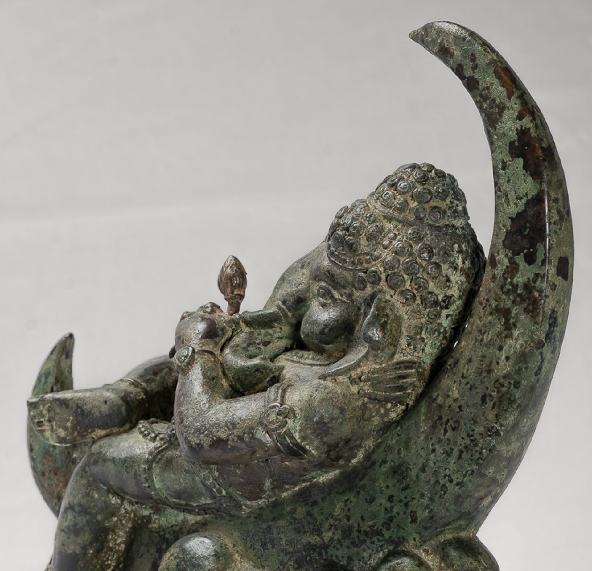 Ganesha Statue - Antique Thai Style Bronze Reclining Ganesha Statue on Moon - 31cm/12"