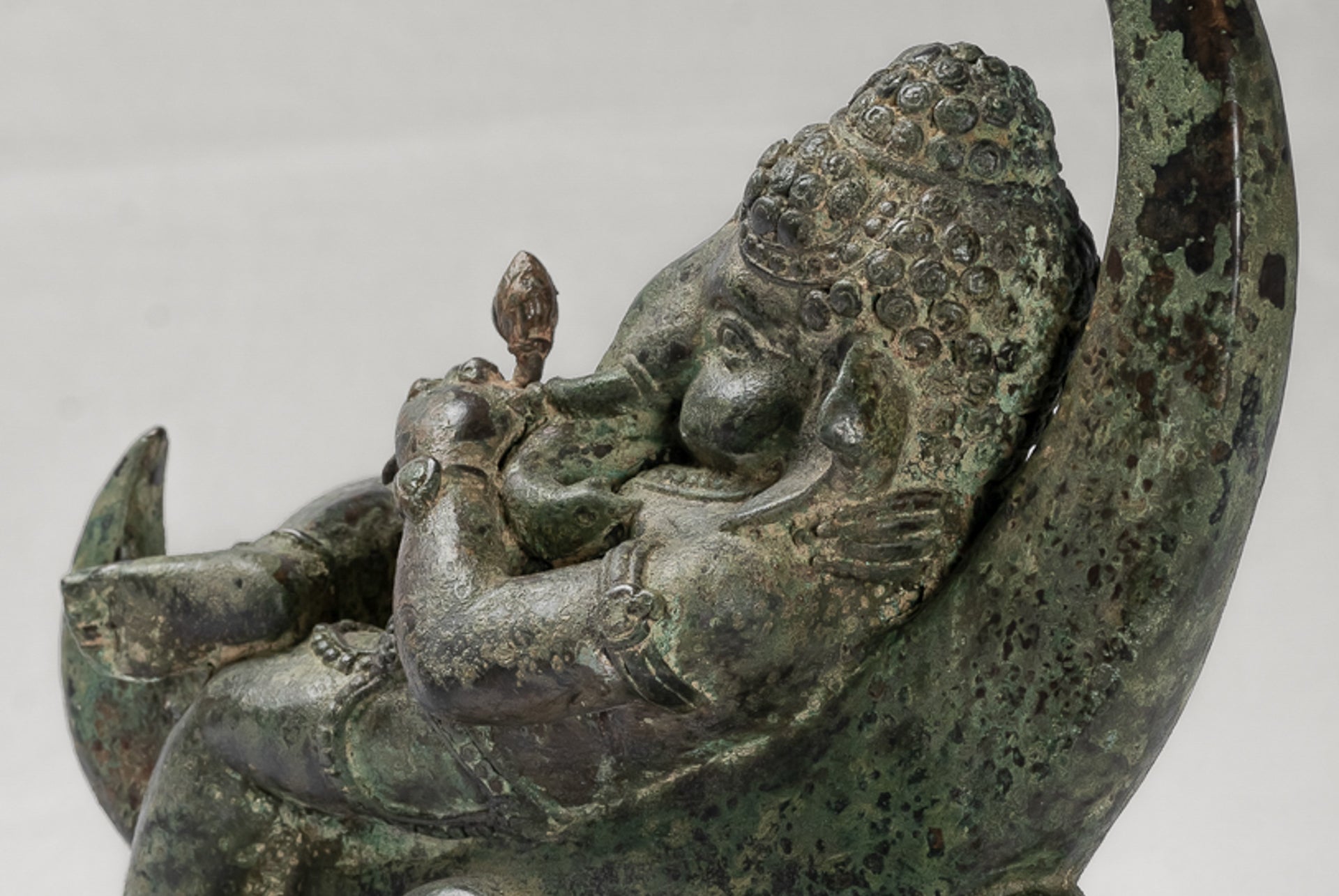 Ganesha Statue - Antique Thai Style Bronze Reclining Ganesha Statue on Moon - 31cm/12"