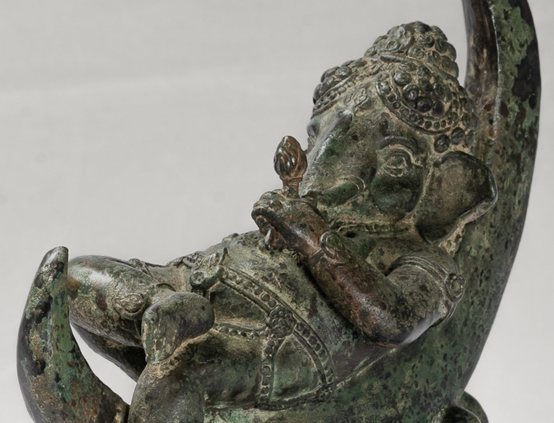Ganesha Statue - Antique Thai Style Bronze Reclining Ganesha Statue on Moon - 31cm/12"