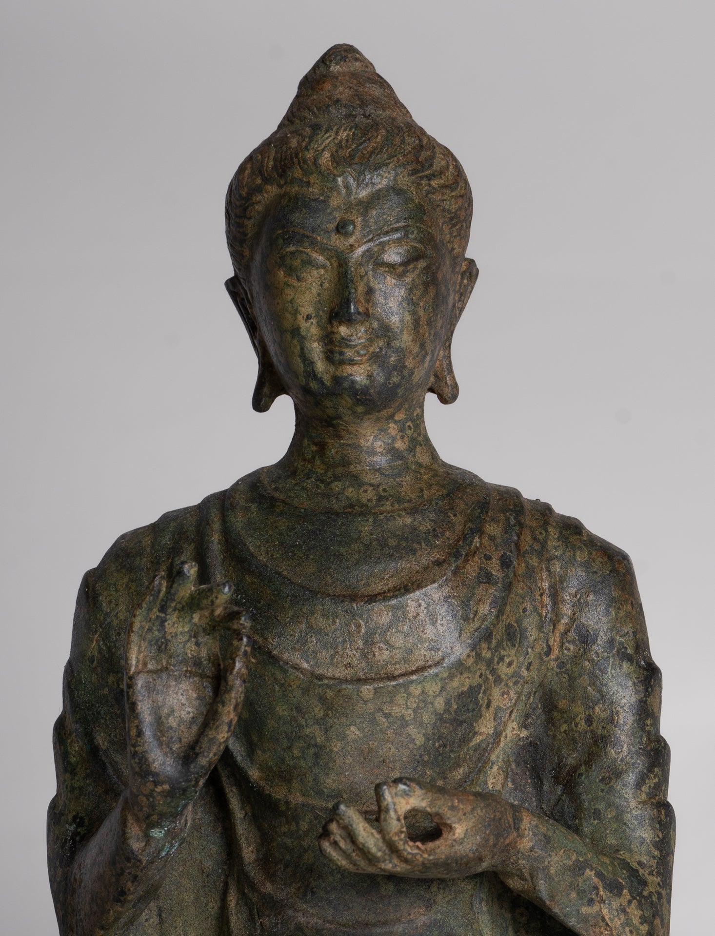 Indian Buddha Statue - Antique Gandhara Style Bronze Protection Buddha Statue - 26cm/10"