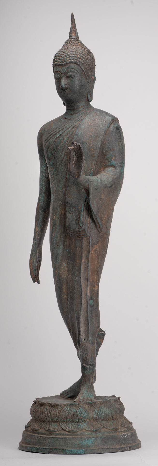 Antique Sukhothai Style Standing Bronze Protection Walking Buddha Statue - 65cm/26"