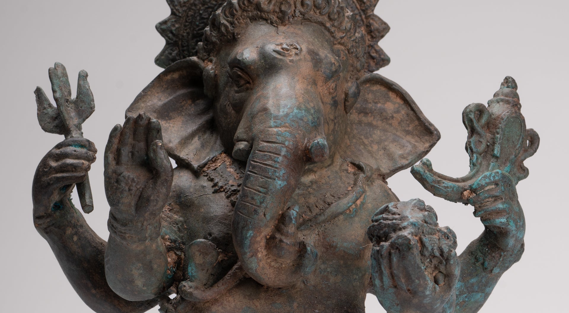 Ganesha Statue - Antique Thai Style Bronze Standing 4-Arm Ganesha Statue - 35cm/14"