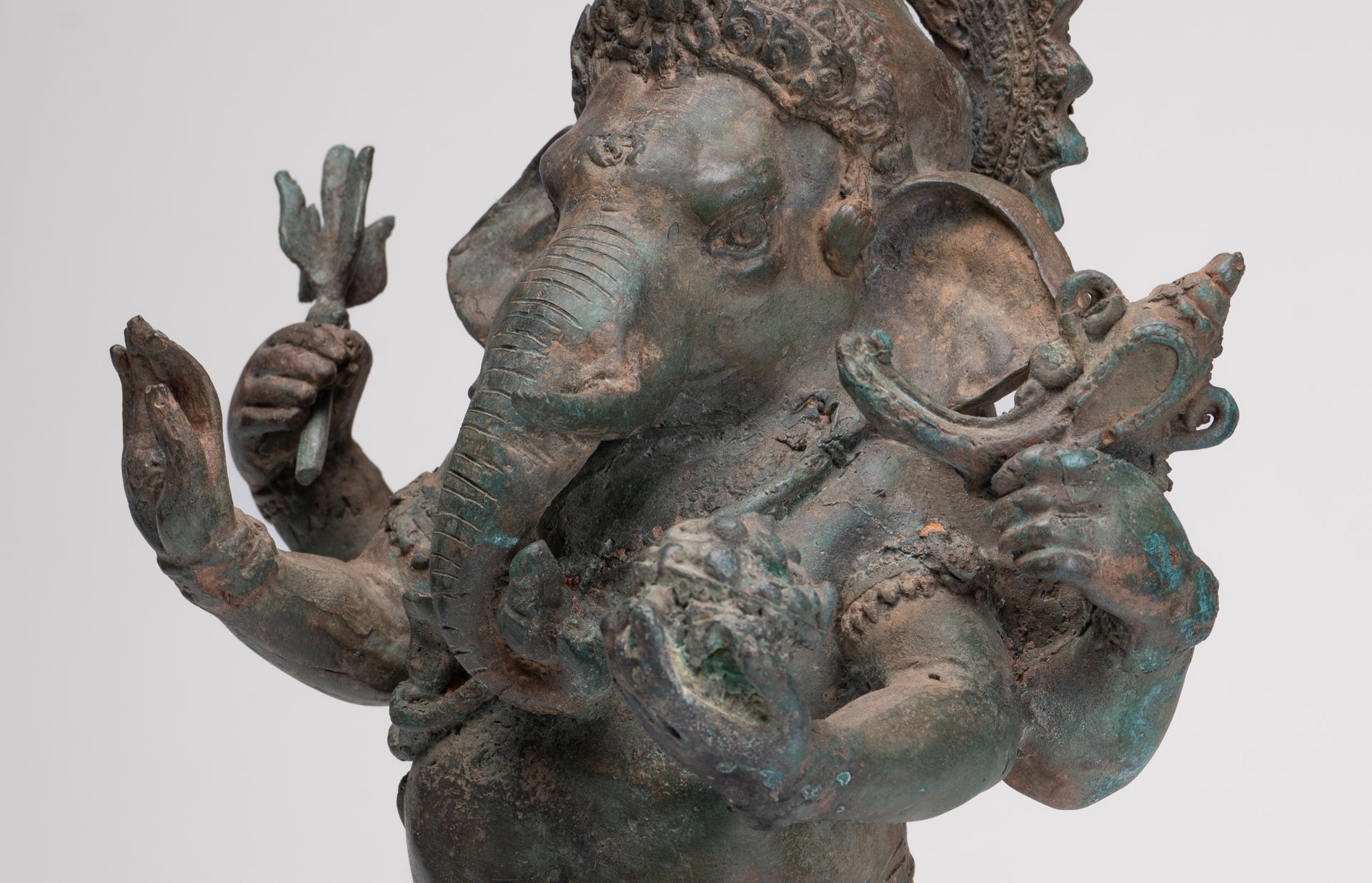 Ganesha Statue - Antique Thai Style Bronze Standing 4-Arm Ganesha Statue - 35cm/14"