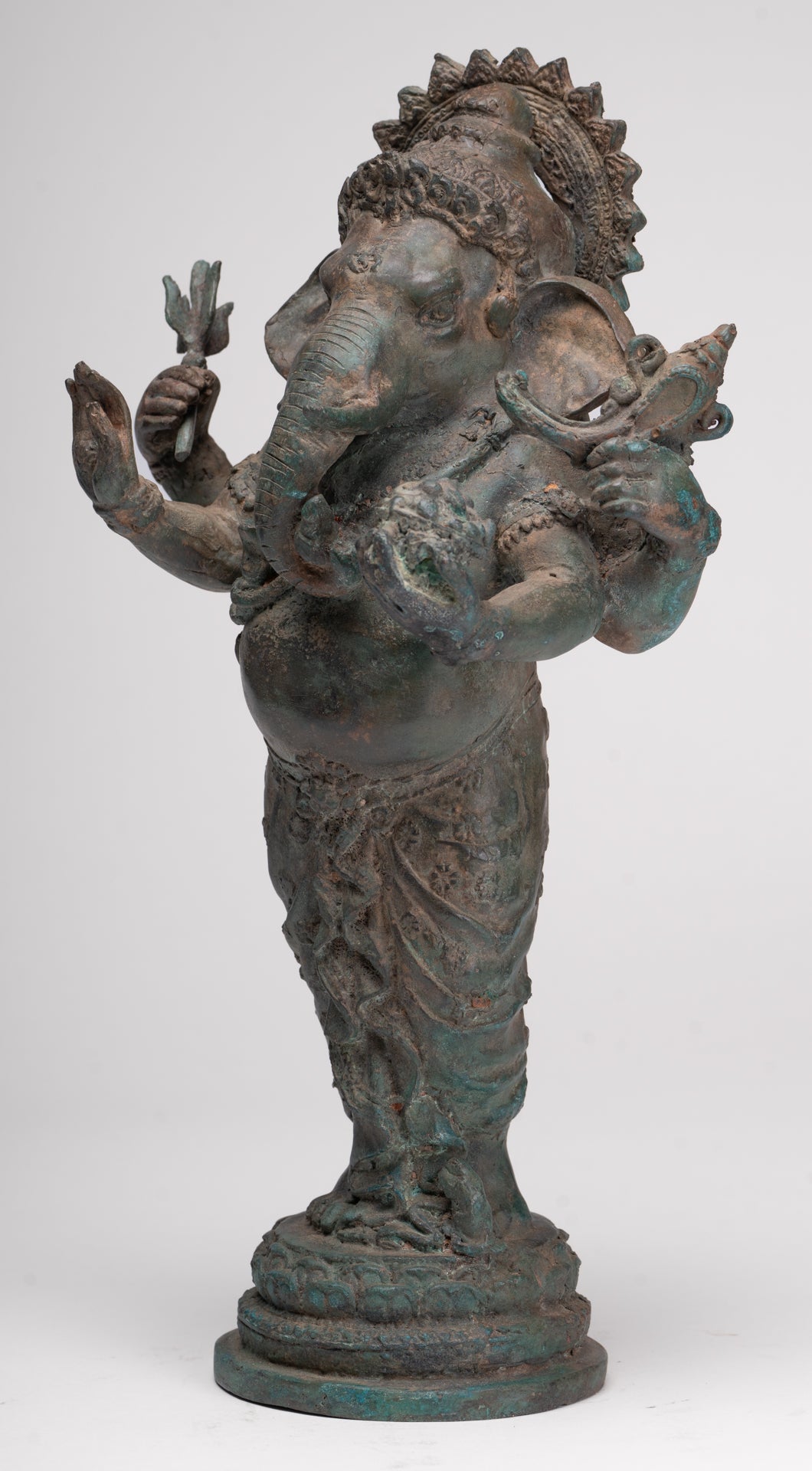 Ganesha Statue - Antique Thai Style Bronze Standing 4-Arm Ganesha Statue - 35cm/14"