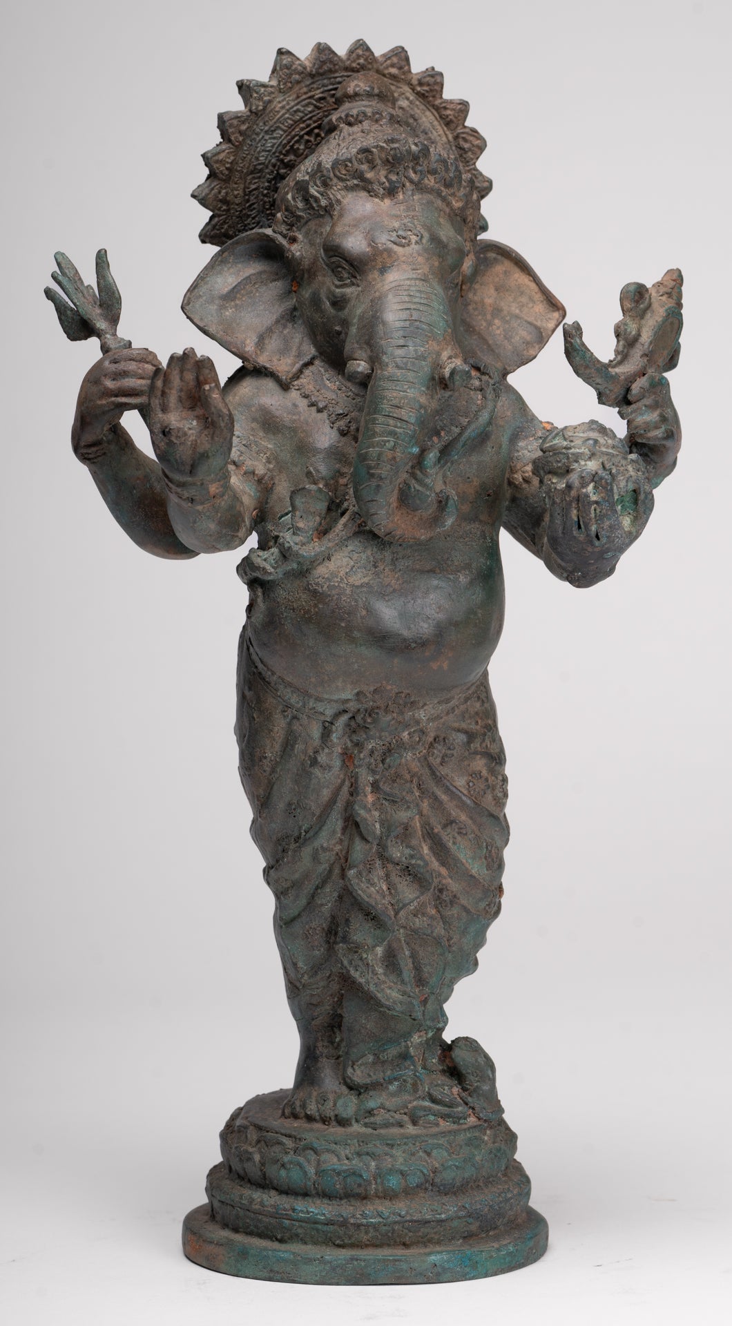 Ganesha Statue - Antique Thai Style Bronze Standing 4-Arm Ganesha Statue - 35cm/14"
