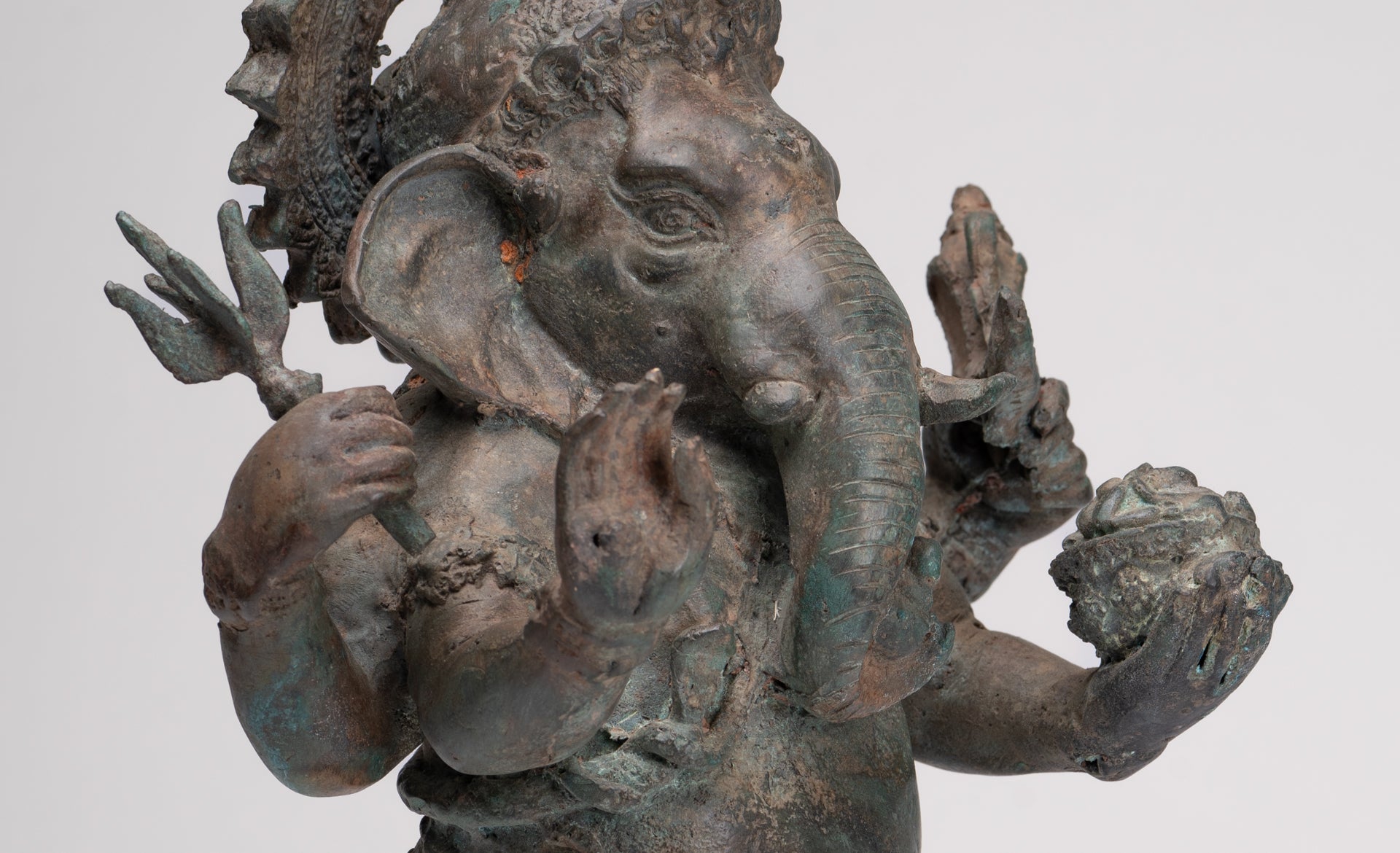 Ganesha Statue - Antique Thai Style Bronze Standing 4-Arm Ganesha Statue - 35cm/14"
