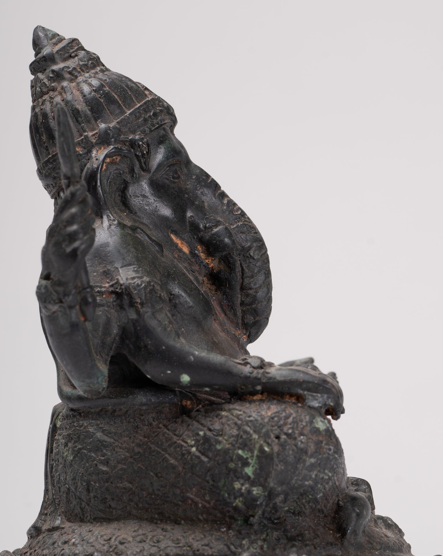 Ganesha Statue - Antique Thai Style Bronze Seated 4-Arm Ganesha Statue - 21cm/8"