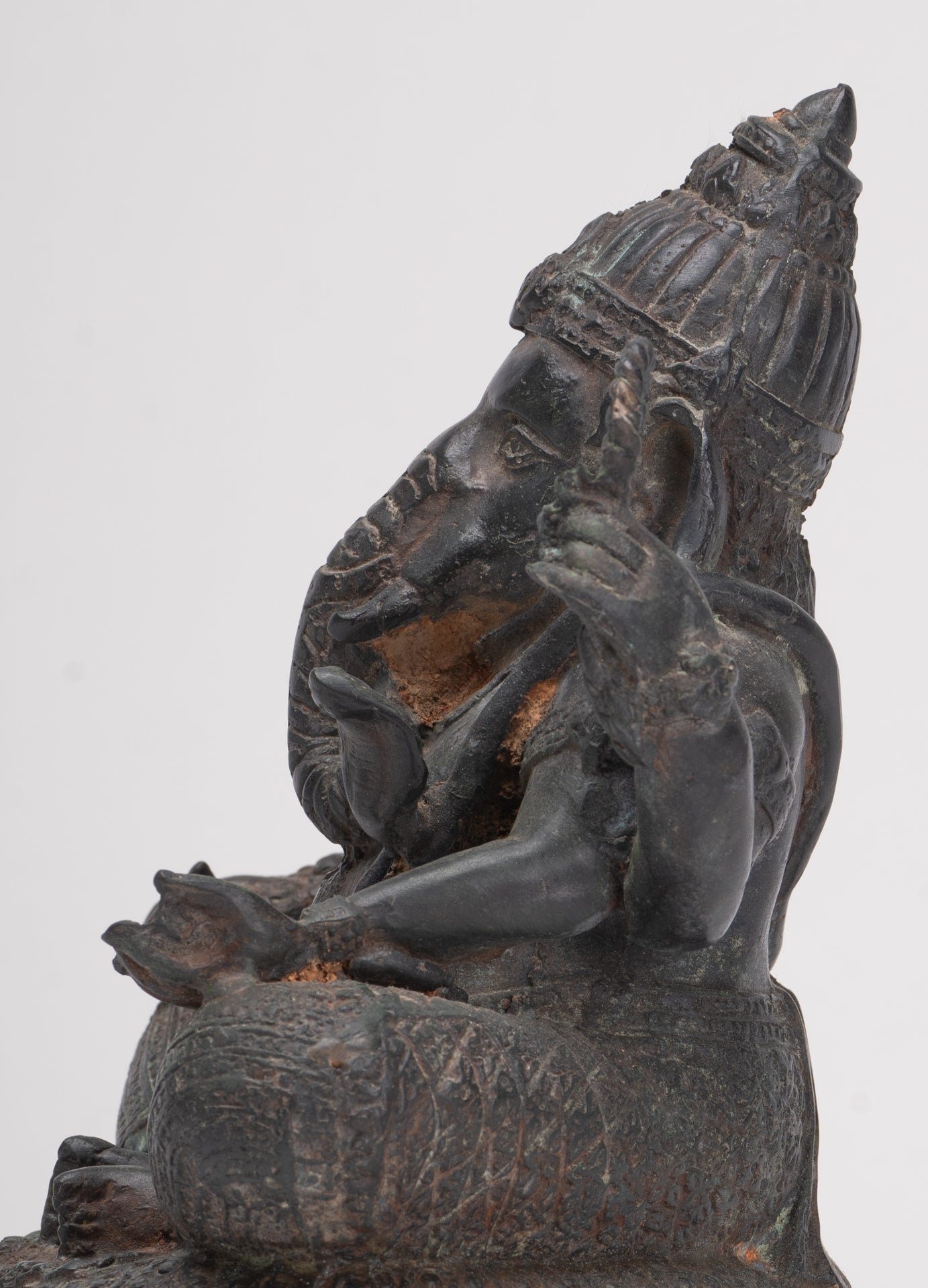 Ganesha Statue - Antique Thai Style Bronze Seated 4-Arm Ganesha Statue - 20cm/8"