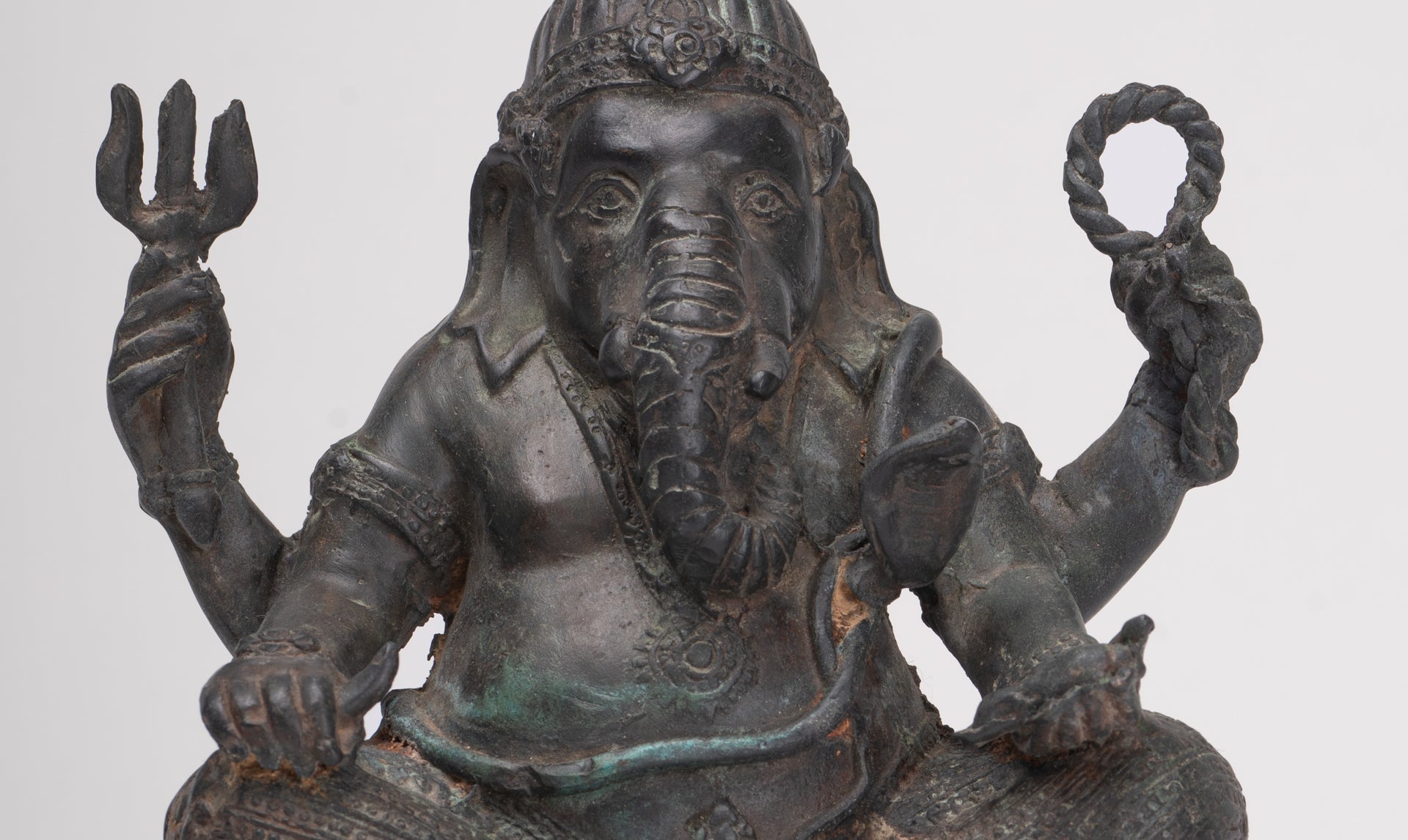 Ganesha Statue - Antique Thai Style Bronze Seated 4-Arm Ganesha Statue - 20cm/8"