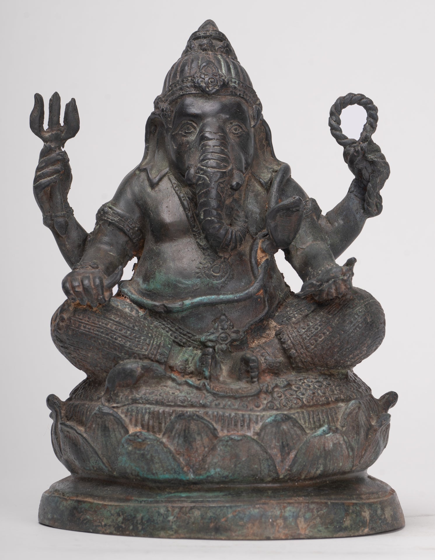 Ganesha Statue - Antique Thai Style Bronze Seated 4-Arm Ganesha Statue - 20cm/8"