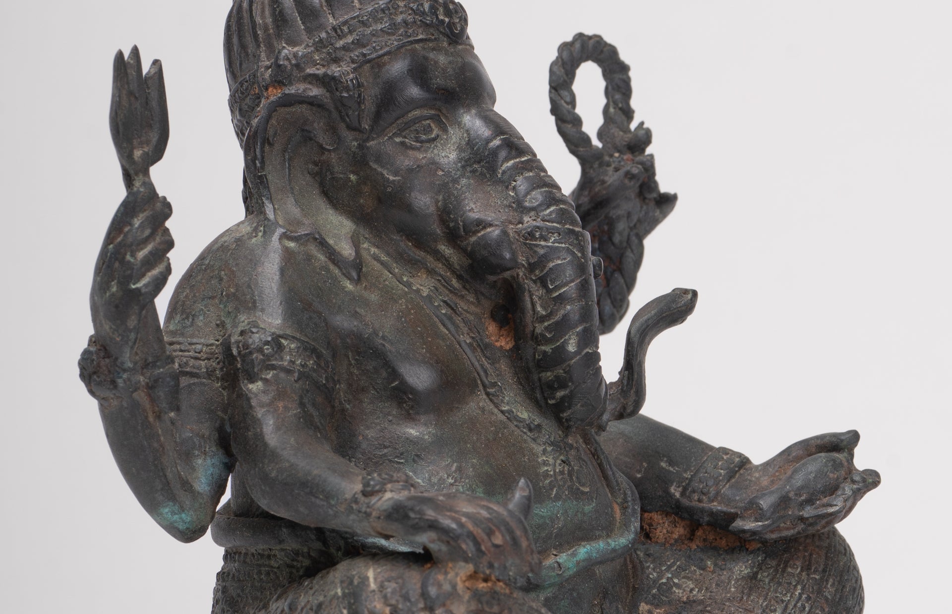 Ganesha Statue - Antique Thai Style Bronze Seated 4-Arm Ganesha Statue - 20cm/8"