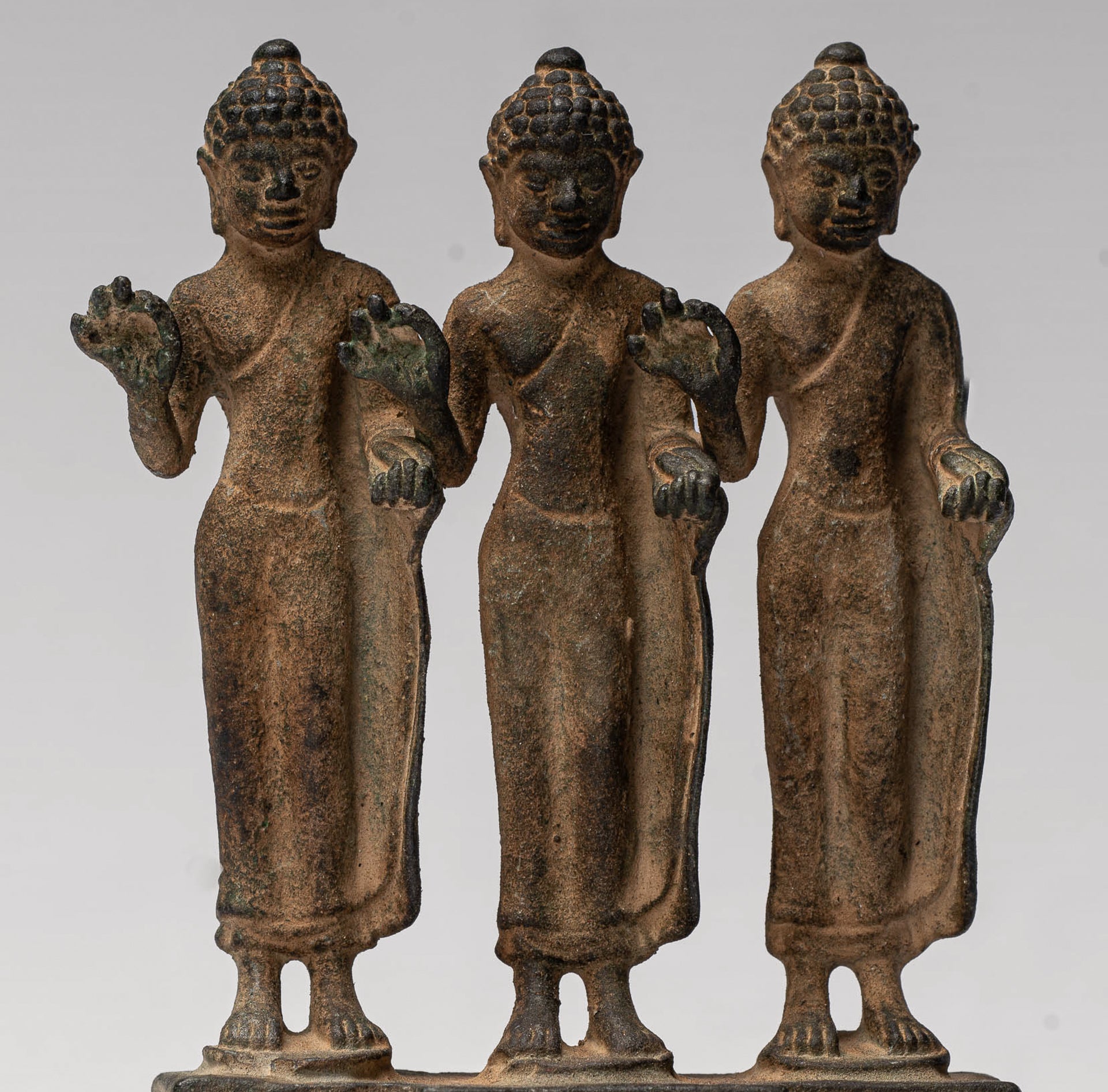 Buddha Statue - Antique Thai Style Standing Bronze Teaching Buddha Statue Triptych- 11.5cm/5"