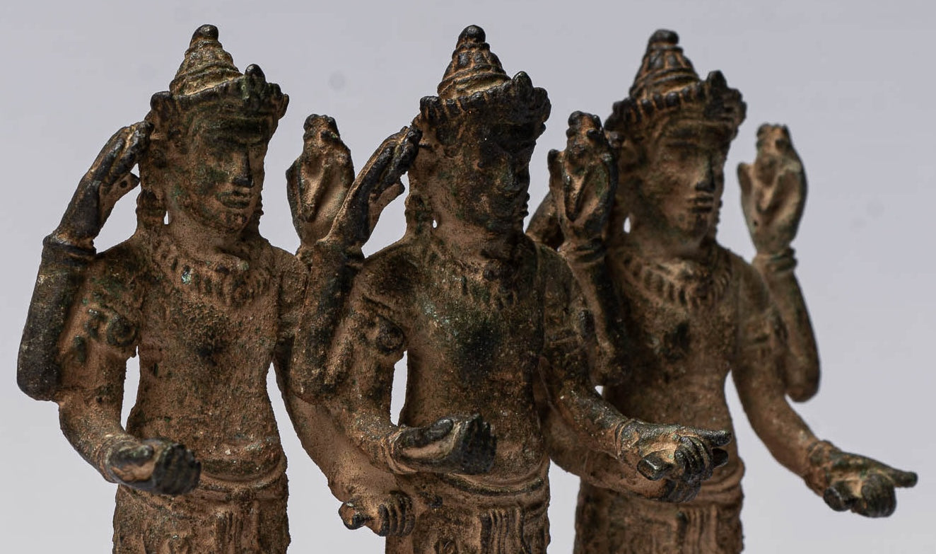 Vishnu Statue - Antique Khmer Style Standing Bronze Angkor Wat Vishnu Statue Triptych- 9.5cm/4"