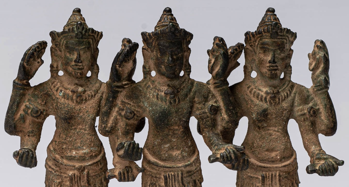 Vishnu Statue - Antique Khmer Style Standing Bronze Angkor Wat Vishnu Statue Triptych- 9.5cm/4"
