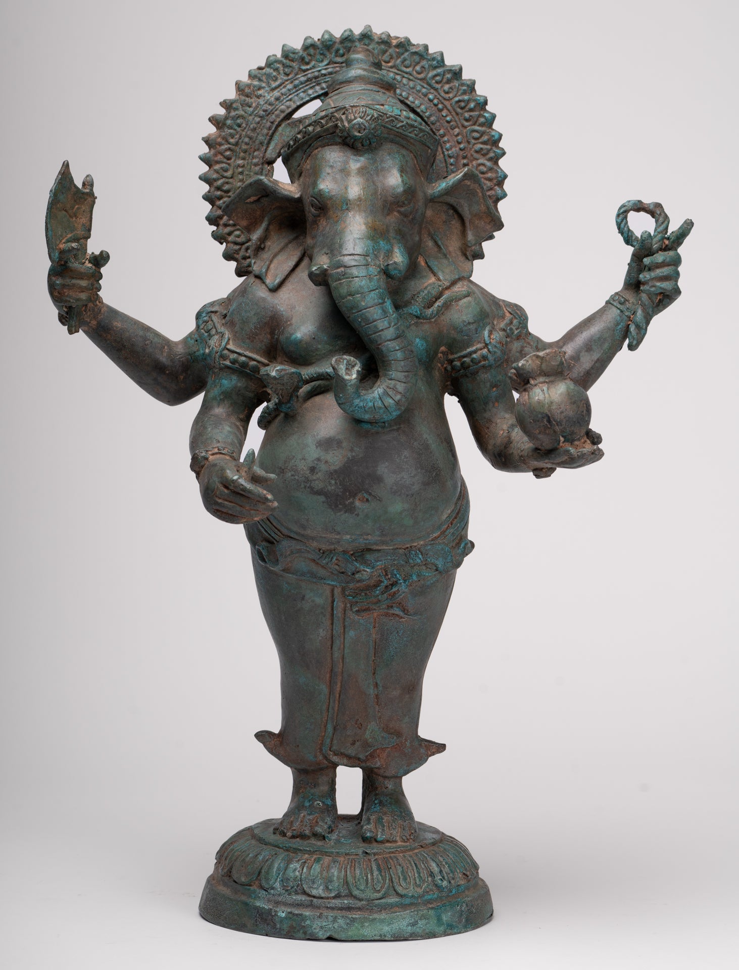 Ganesha Statue - Antique Thai Style Bronze Standing 4-Arm Ganesha Statue - 42cm/17"