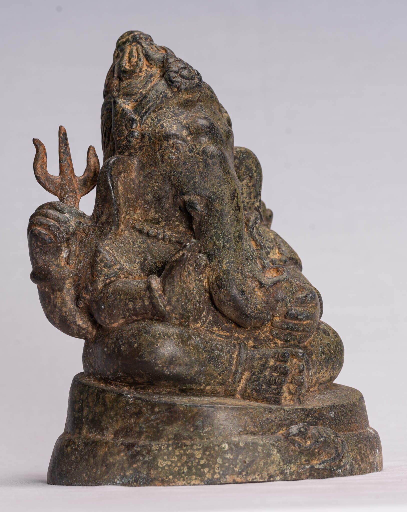Ganesha Statue - Antique Thai Style Bronze Seated 4-Arm Ganesha Statue - 21cm/8"