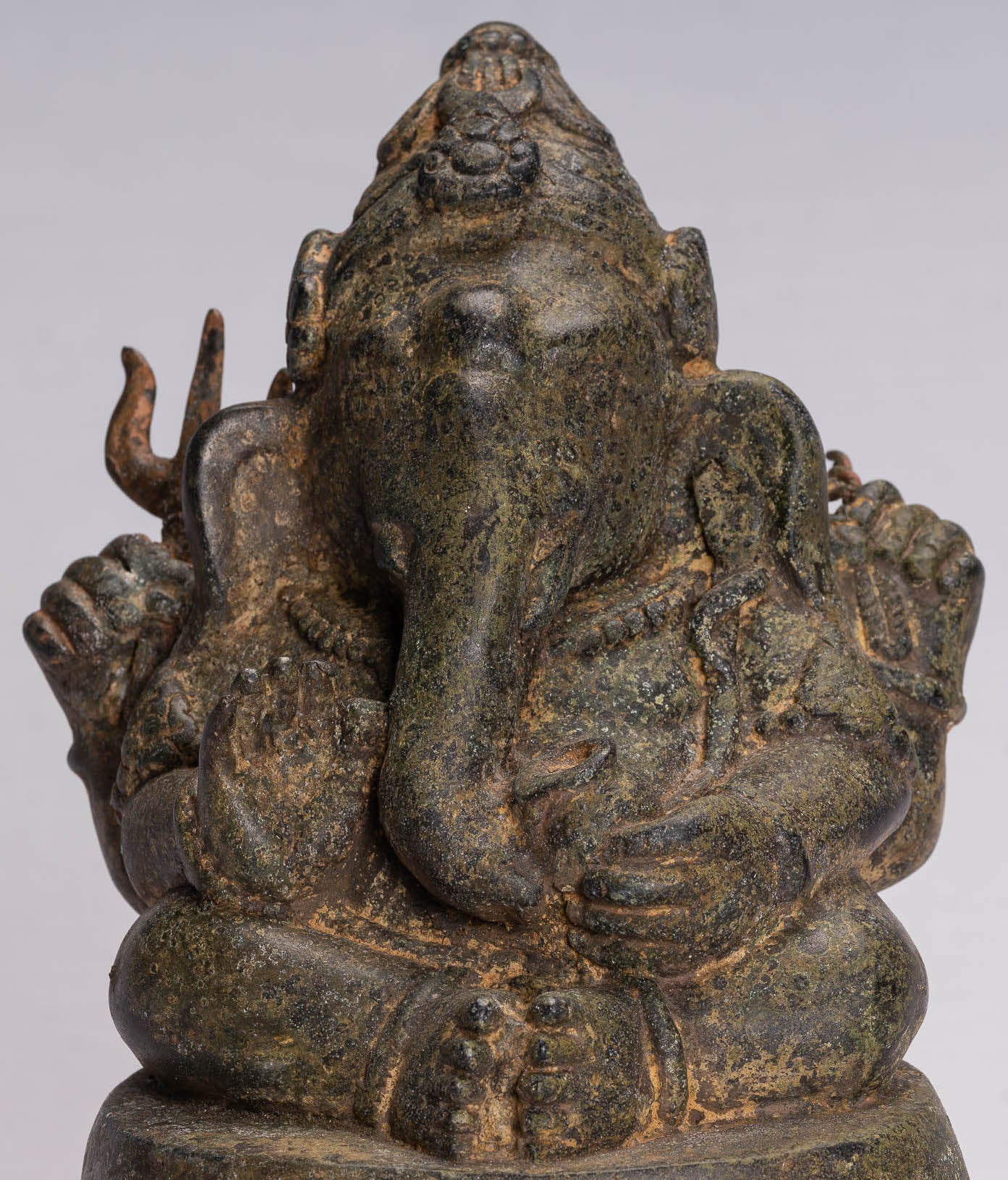Ganesha Statue - Antique Thai Style Bronze Seated 4-Arm Ganesha Statue - 21cm/8"
