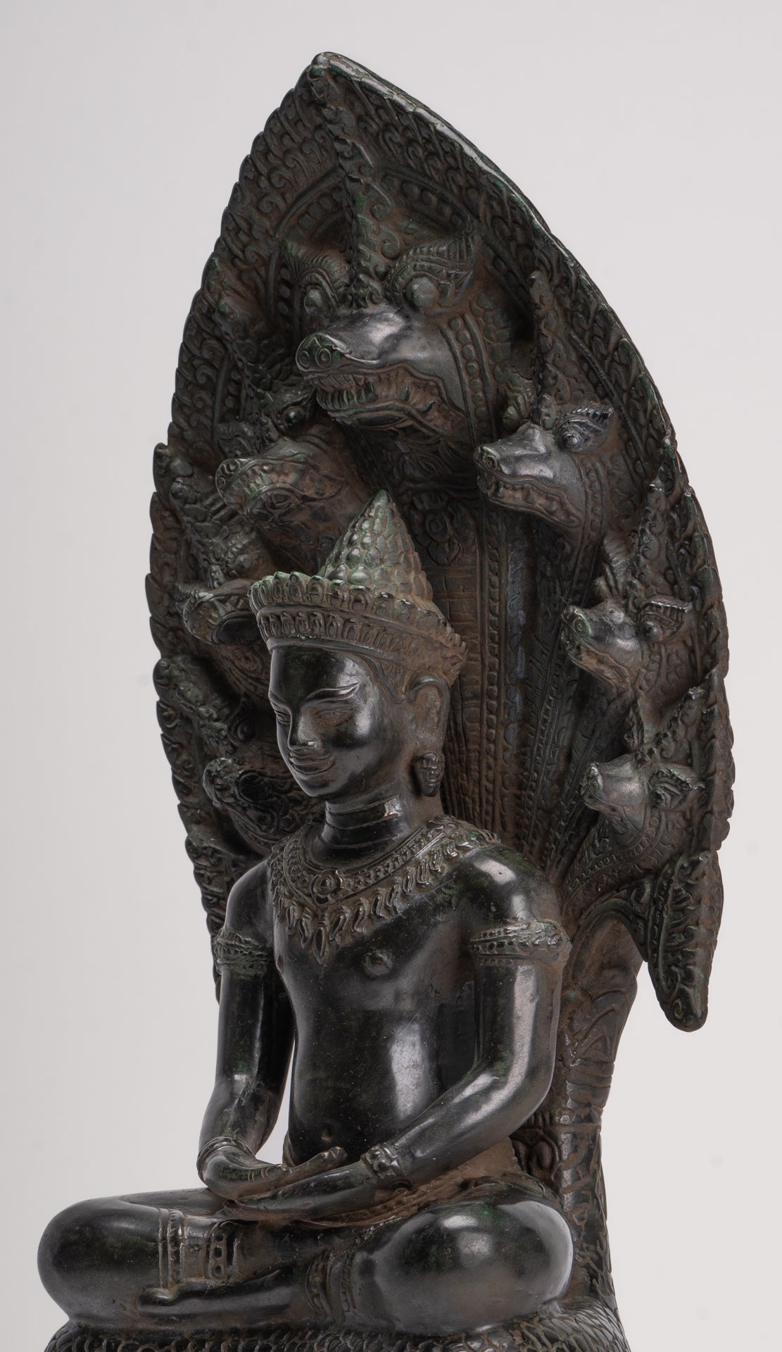 Antique Khmer Style Bronze Seated Meditation Naga Buddha Statue - 52cm/21"