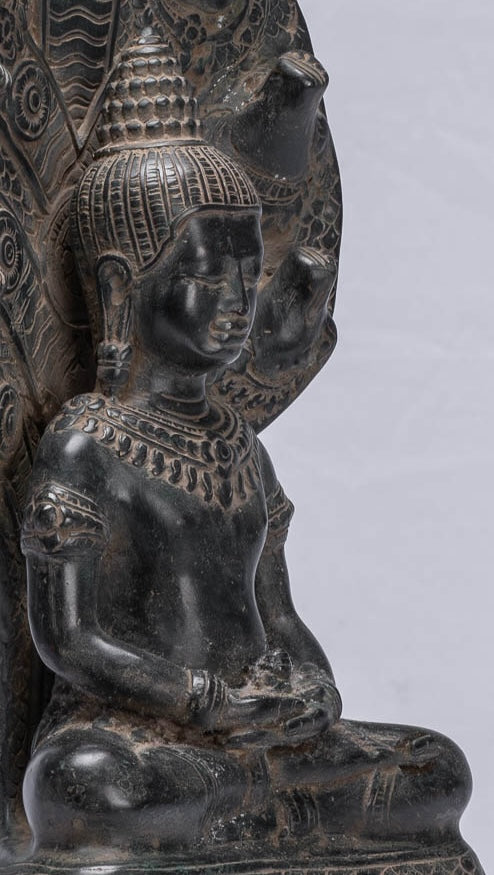 Buddha Statue - Antique Bayon Style Khmer Seated Bronze Naga Meditation Buddha - 43cm/17"