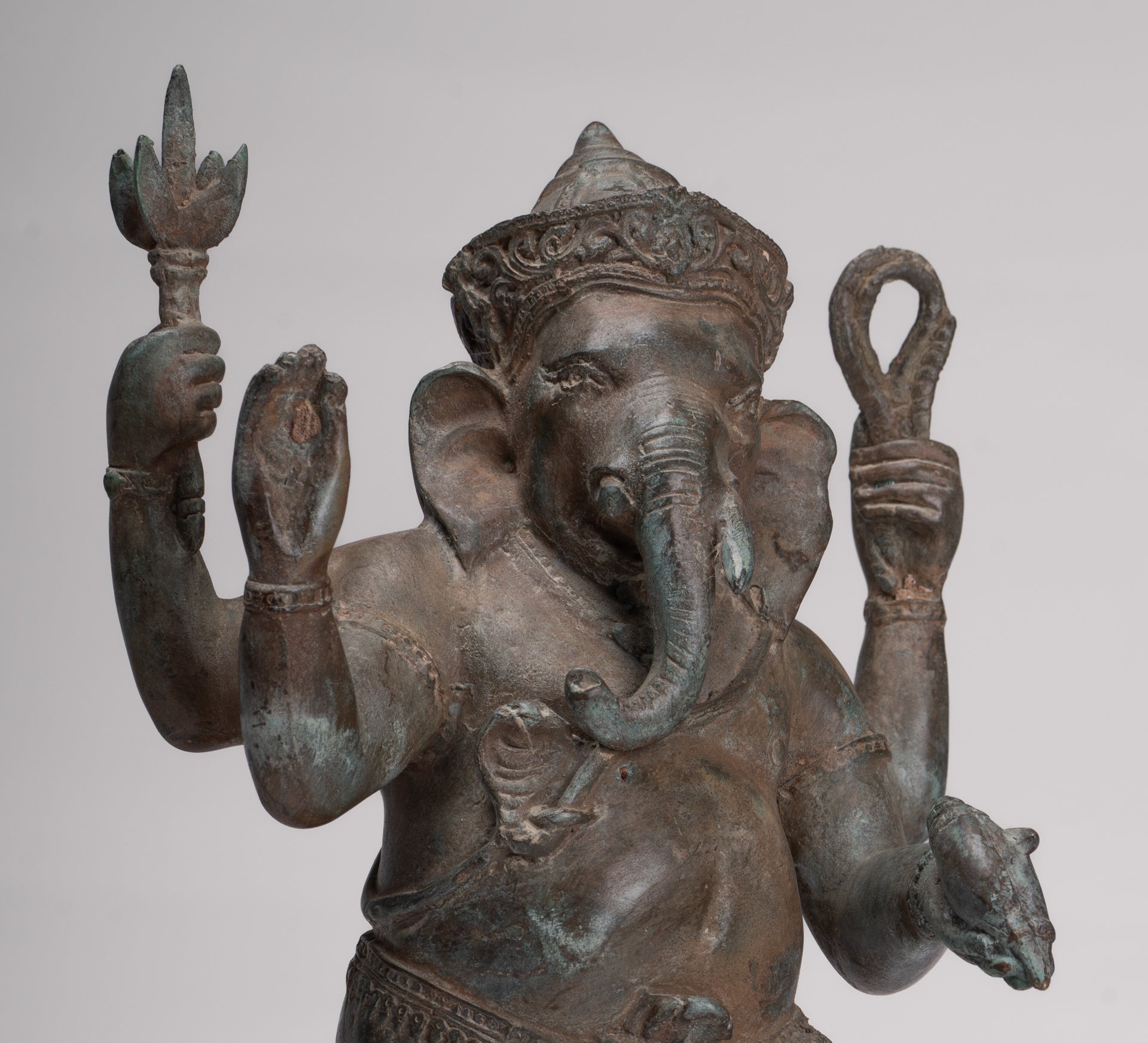 Ganesha Statue - Antique Thai Style Bronze Standing 4-Arm Ganesha Statue - 36cm/14"