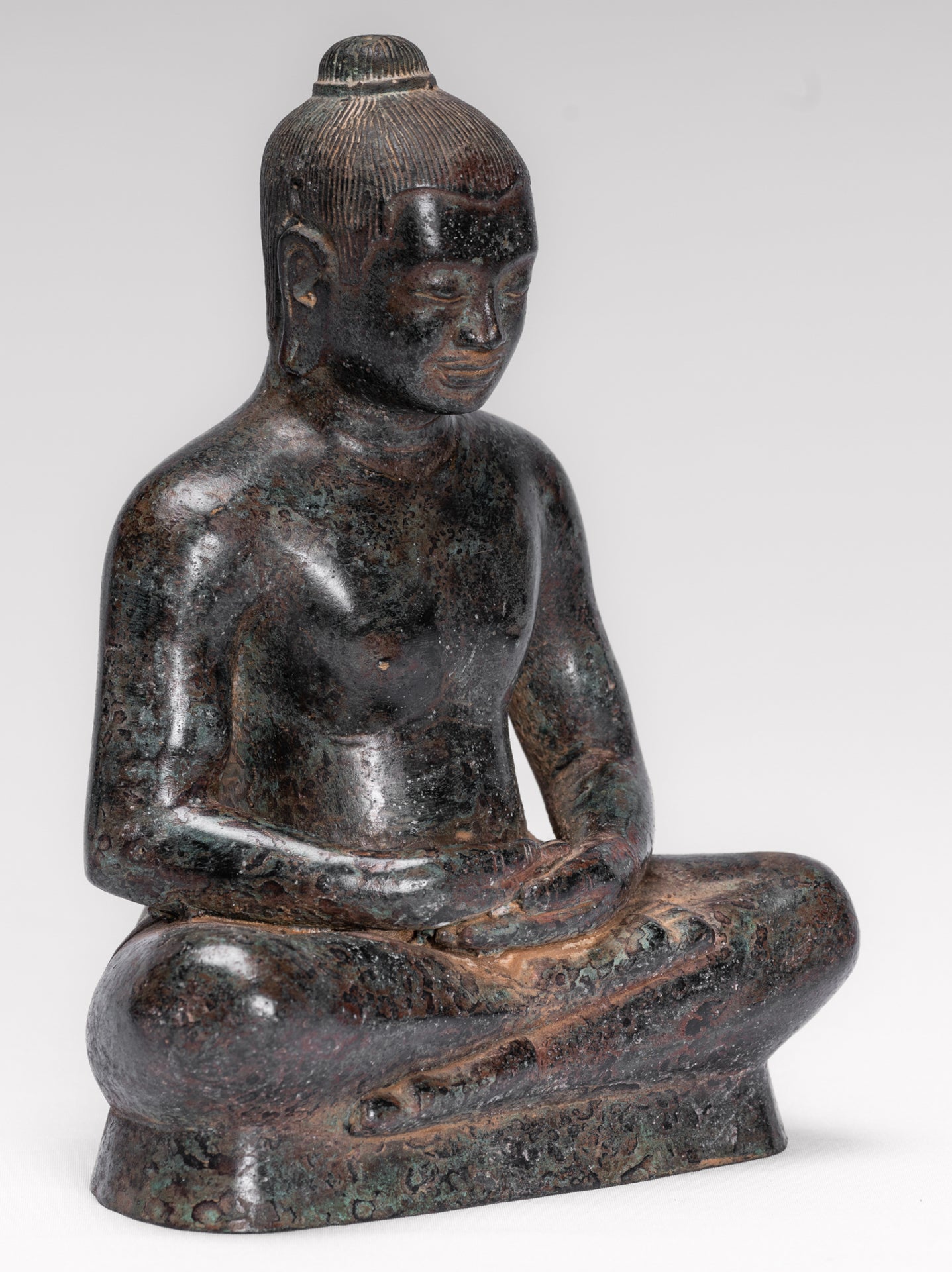 Antique Khmer Style Seated Bronze Meditation Jayavarman VII Statue - 18cm/7"
