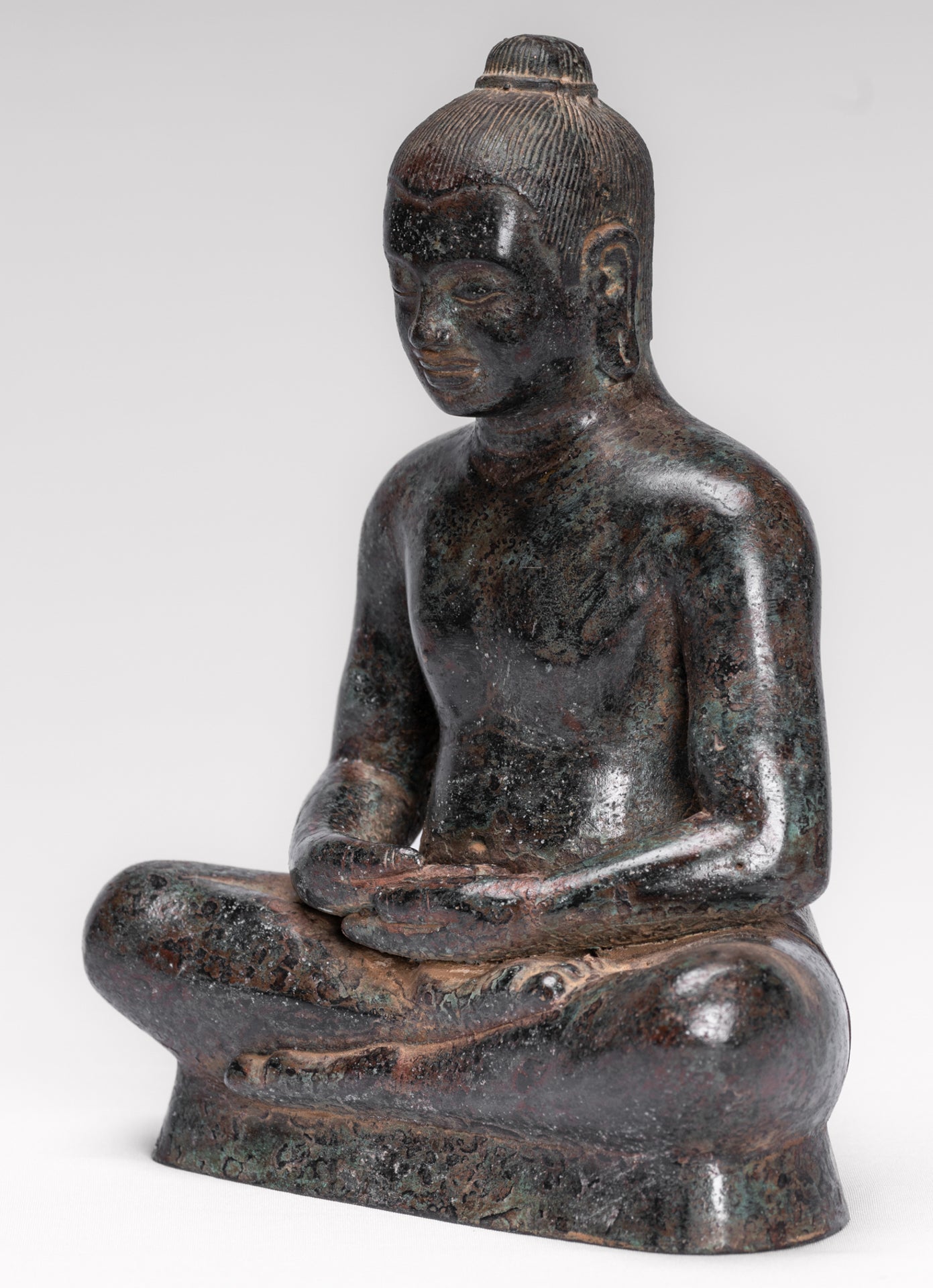 Antique Khmer Style Seated Bronze Meditation Jayavarman VII Statue - 18cm/7"