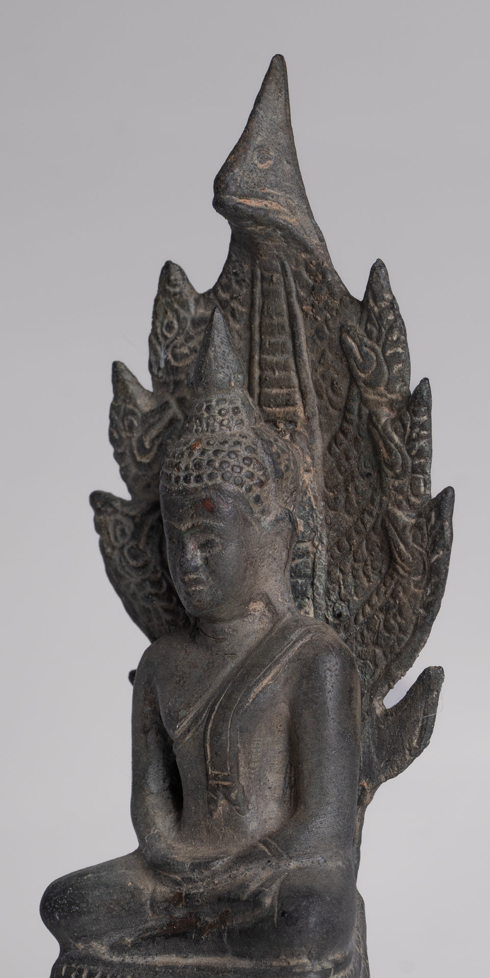 Buddha Statue - Antique Sukhothai Style Bronze Meditating Naga Buddha Statue - 21cm/8"