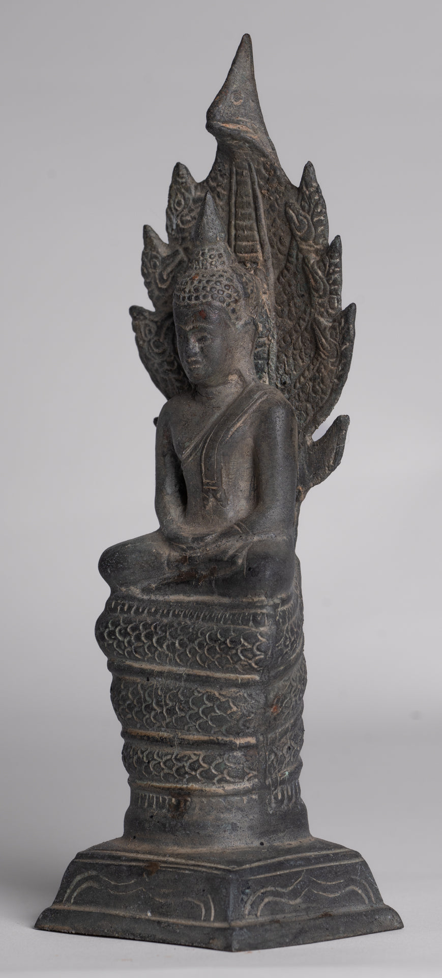 Buddha Statue - Antique Sukhothai Style Bronze Meditating Naga Buddha Statue - 21cm/8"