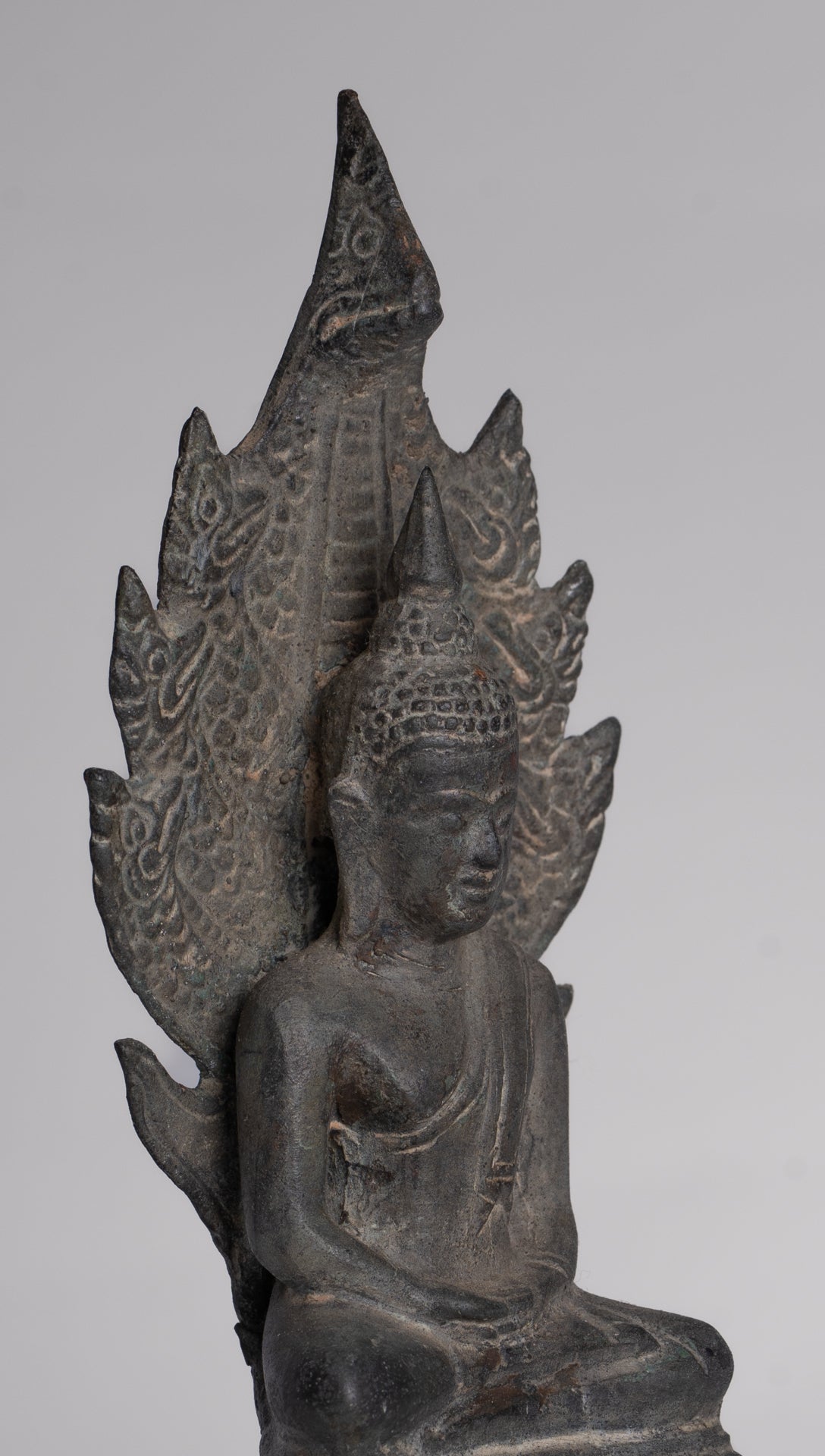 Buddha Statue - Antique Sukhothai Style Bronze Meditating Naga Buddha Statue - 21cm/8"