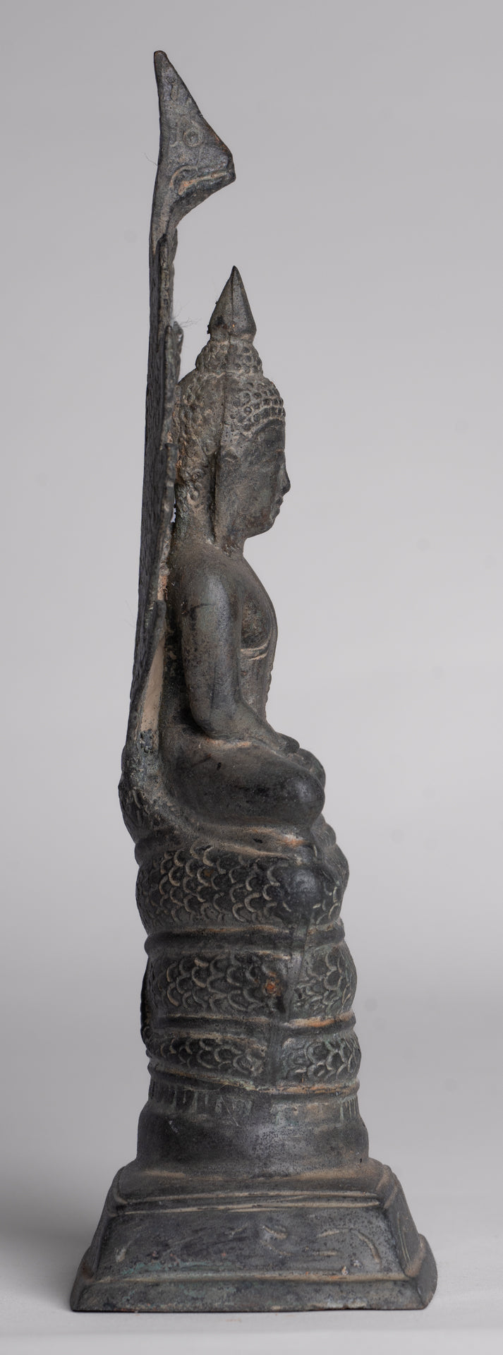 Buddha Statue - Antique Sukhothai Style Bronze Meditating Naga Buddha Statue - 21cm/8"