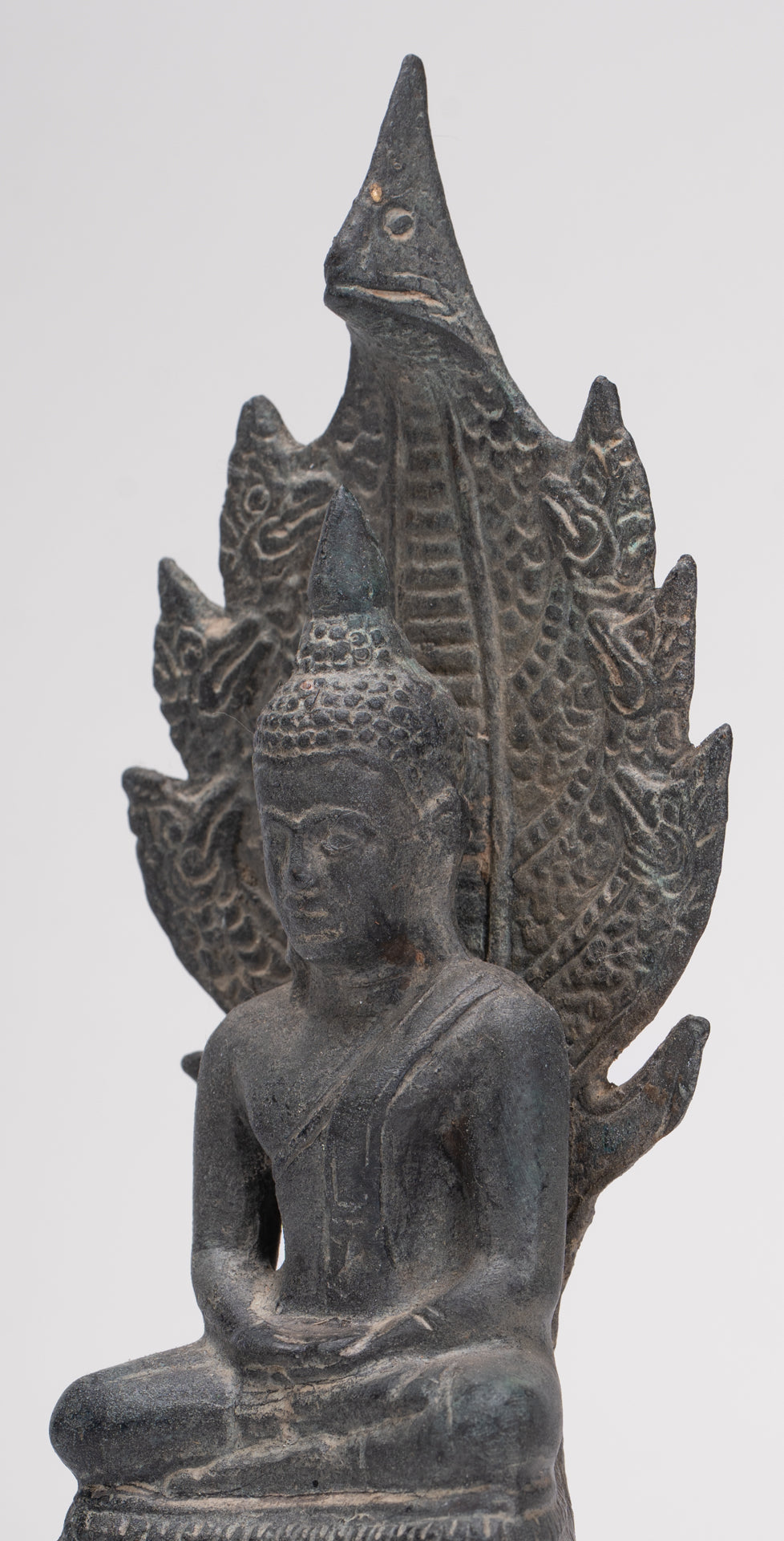 Buddha Statue - Antique Sukhothai Style Bronze Meditating Naga Buddha Statue - 21cm/8"