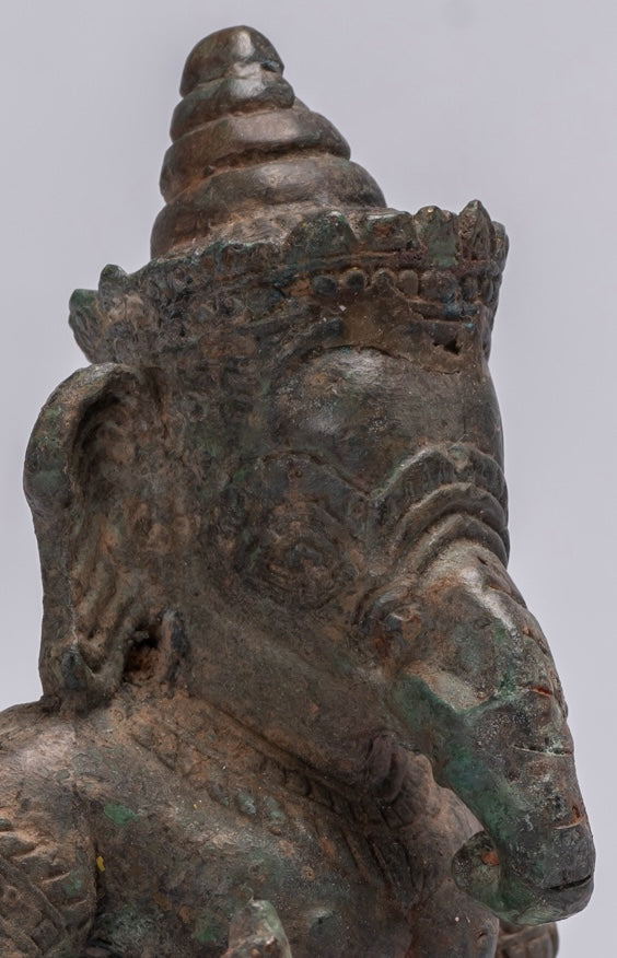 Ganesha Statue - Antique Thai Style Bronze Kneeling Ganesh Statue - 17cm/7"