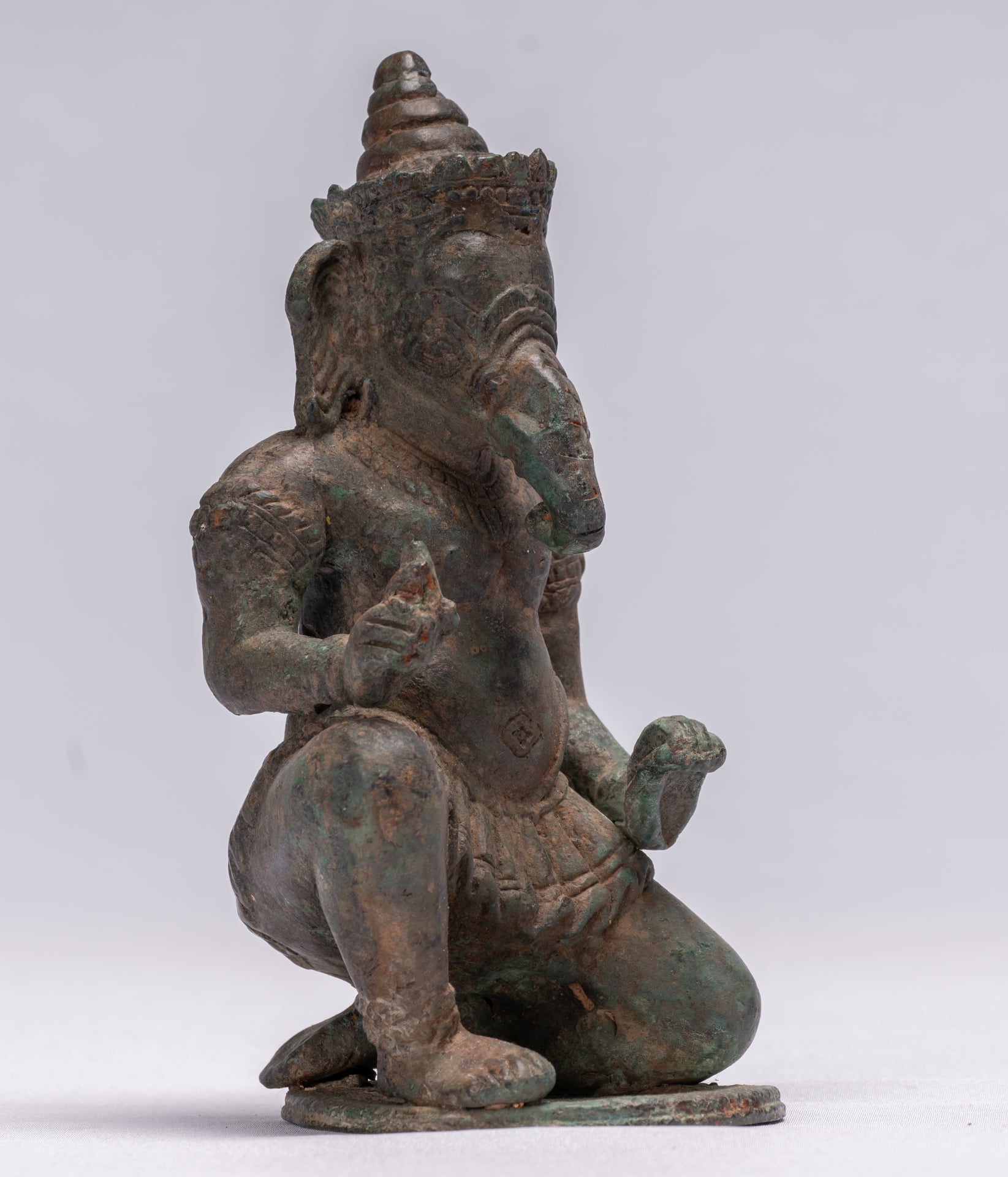 Ganesha Statue - Antique Thai Style Bronze Kneeling Ganesh Statue - 17cm/7"